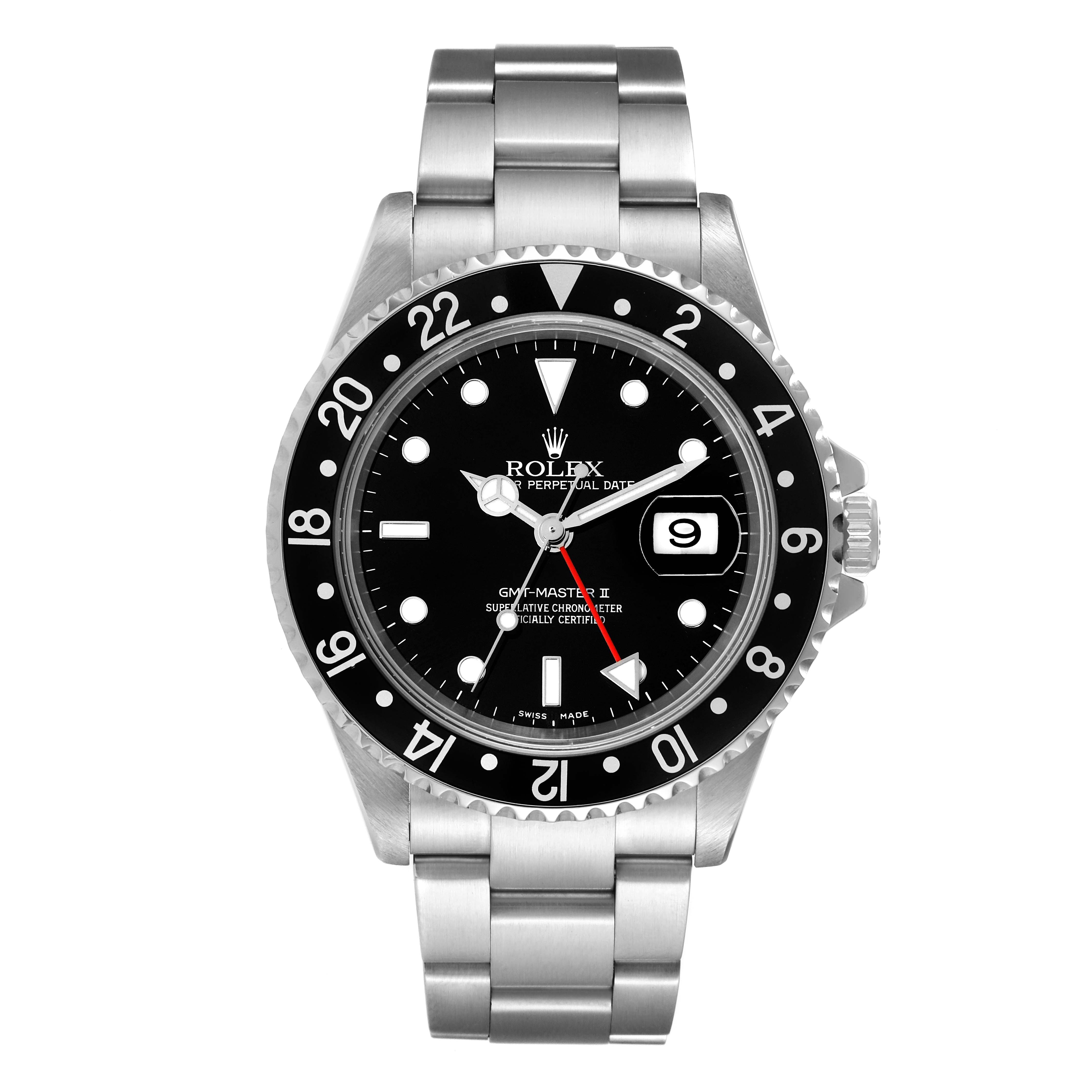 This image shows a front view of a Rolex GMT-Master 16710 Men
s Stainless Steel Black Dial 16710 Men
s Stainless Steel Black Dial II watch, highlighting the dial, bezel, and bracelet.