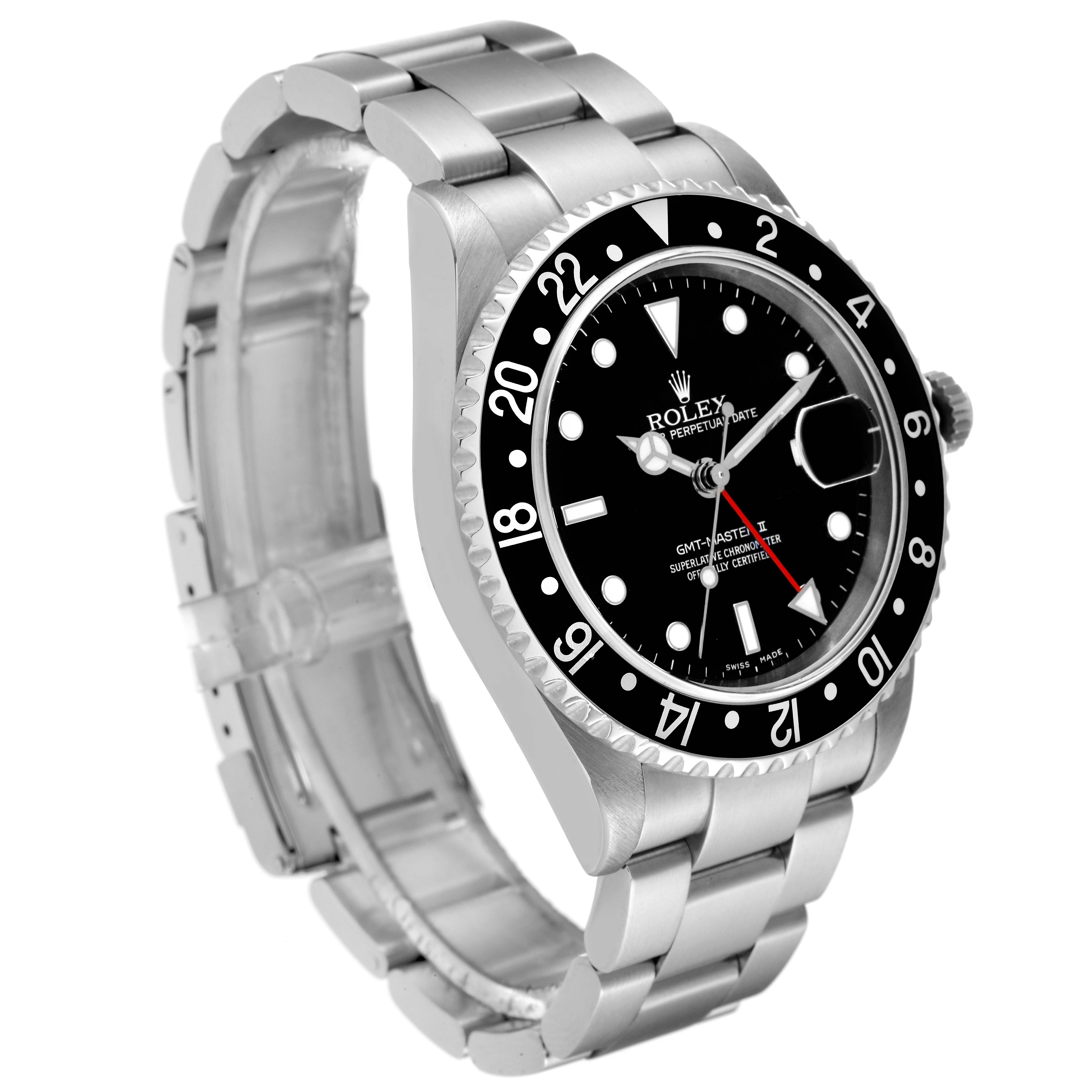 The image shows a Rolex GMT-Master 16710 Men
s Stainless Steel Black Dial 16710 Men
s Stainless Steel Black Dial watch at a three-quarter angle, highlighting the dial, bezel, and bracelet.