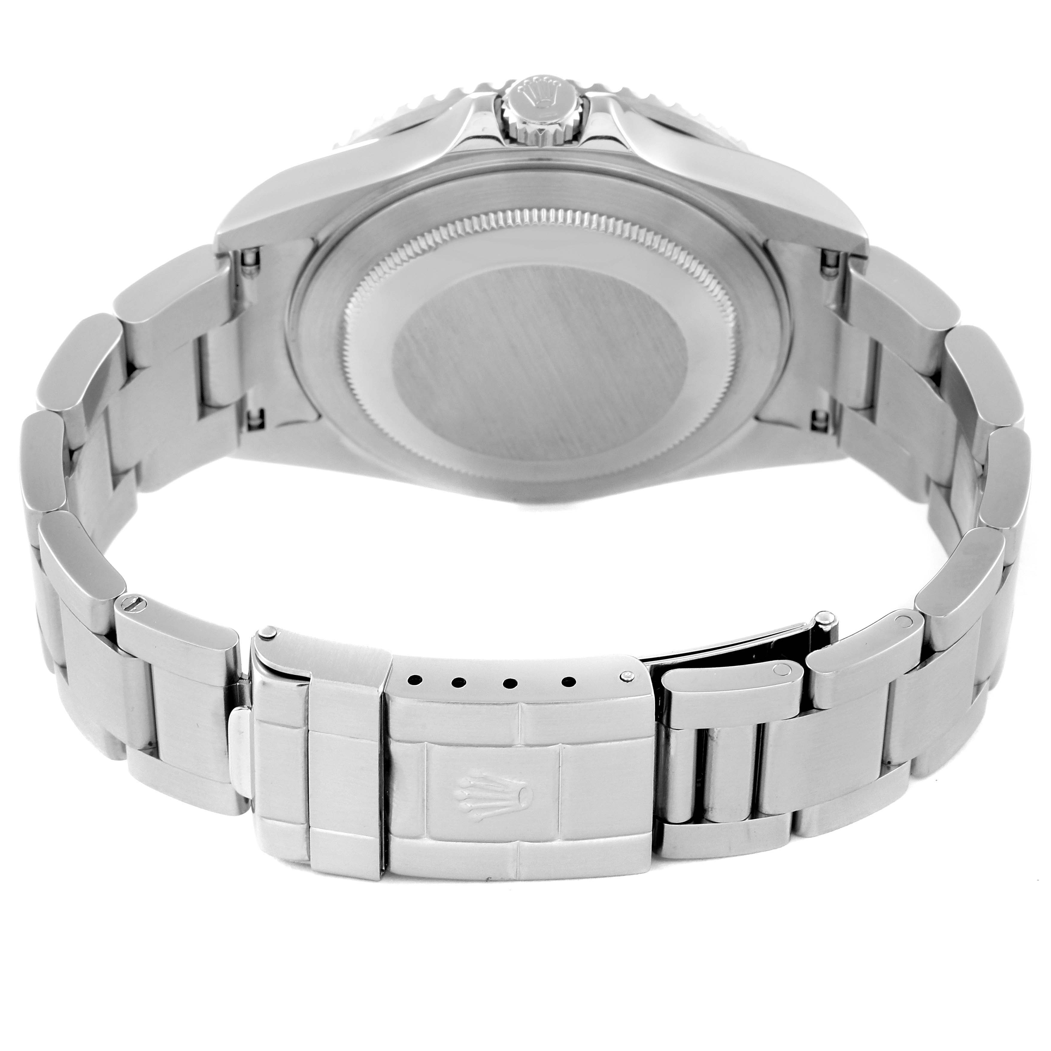 The image shows the back view of a Rolex GMT-Master 16710 Men
s Stainless Steel Black Dial 16710 Men
s Stainless Steel Black Dial watch, focusing on the closed clasp and the bracelet.