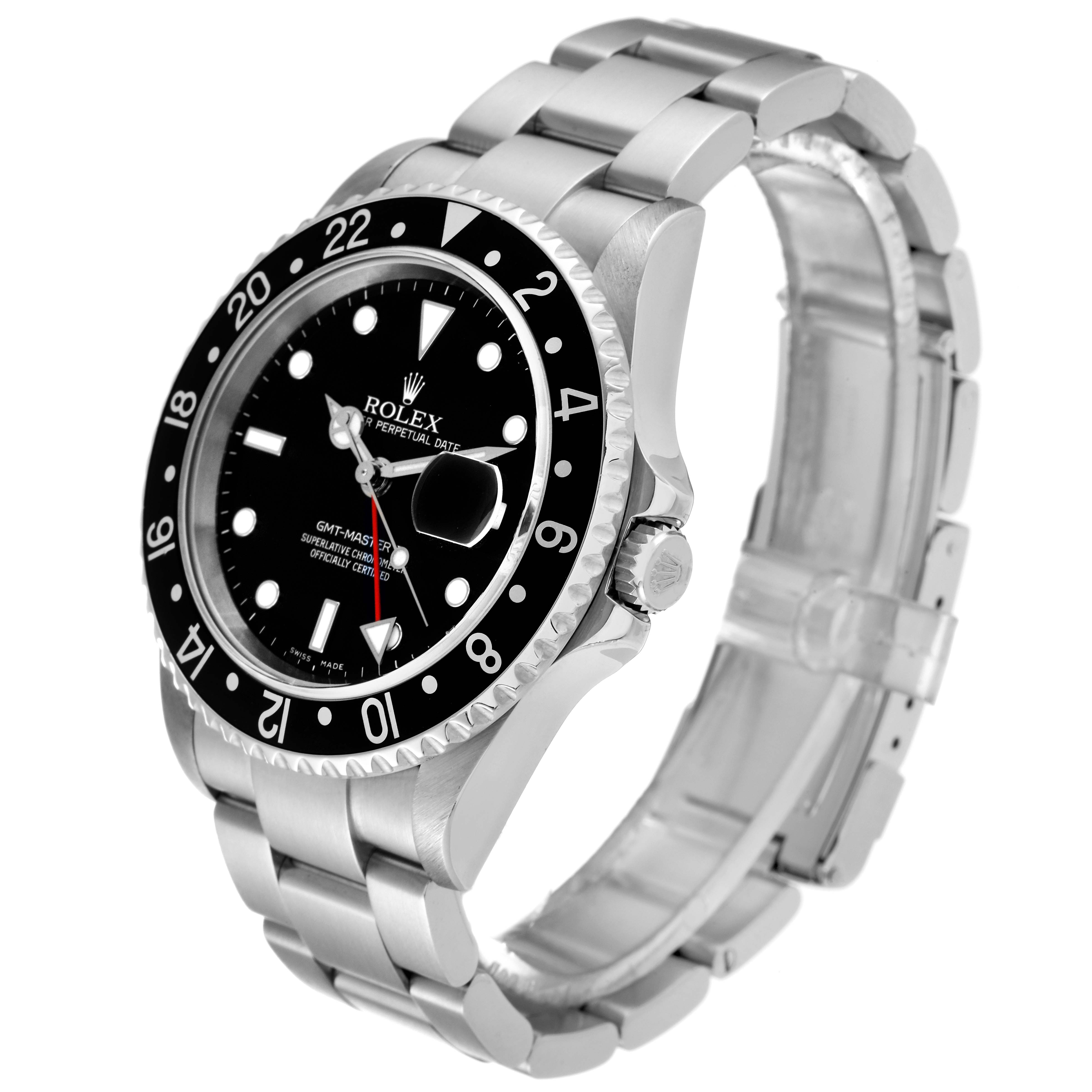 This image shows a Rolex GMT-Master 16710 Men
s Stainless Steel Black Dial 16710 Men
s Stainless Steel Black Dial watch from an angled side view, highlighting the dial, bezel, crown, and metal bracelet.