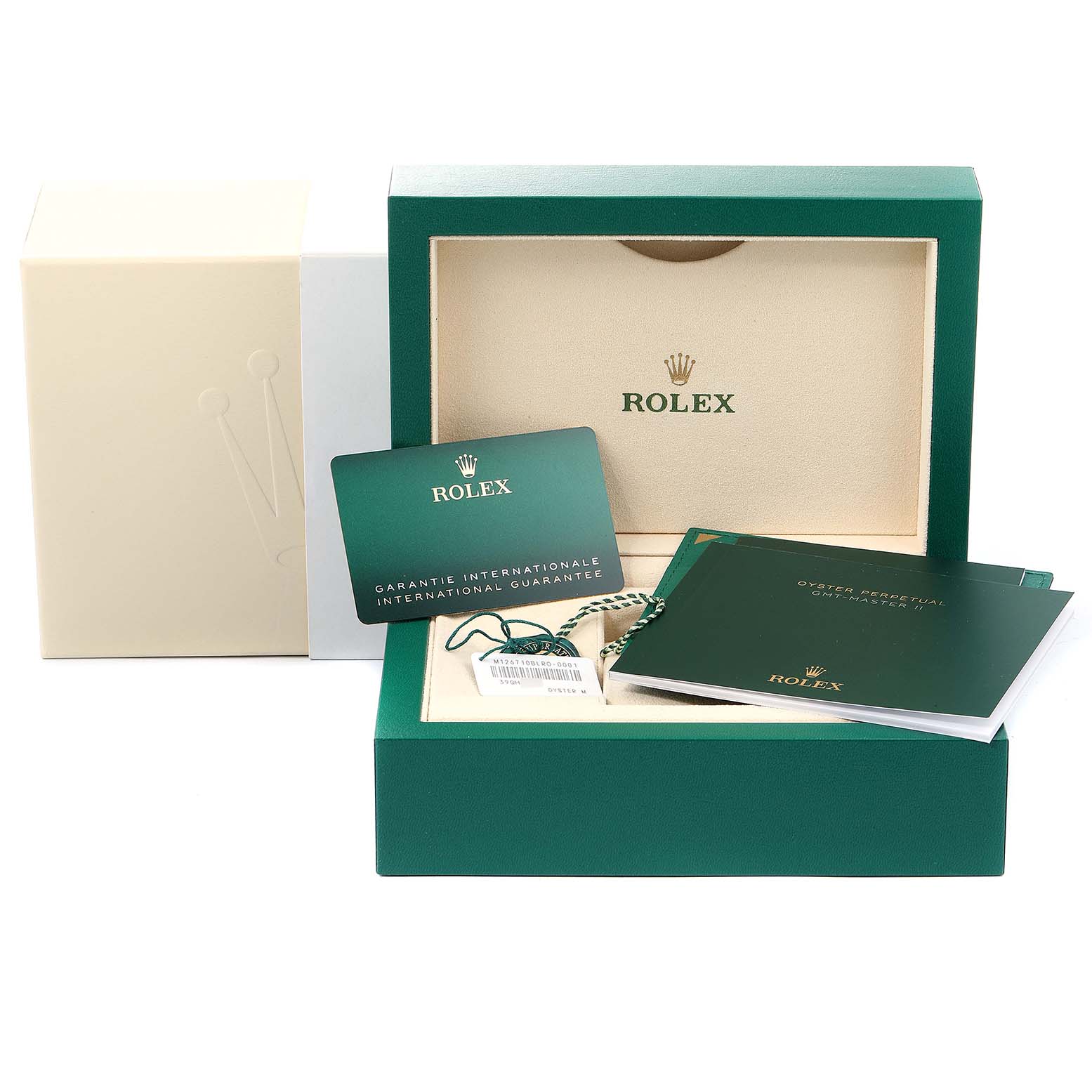 This image shows the Rolex GMT-Master 126710 Men's Stainless Steel Black Dial 126710 Men's Stainless Steel Black Dial's packaging, including the box, international guarantee card, and user manuals.