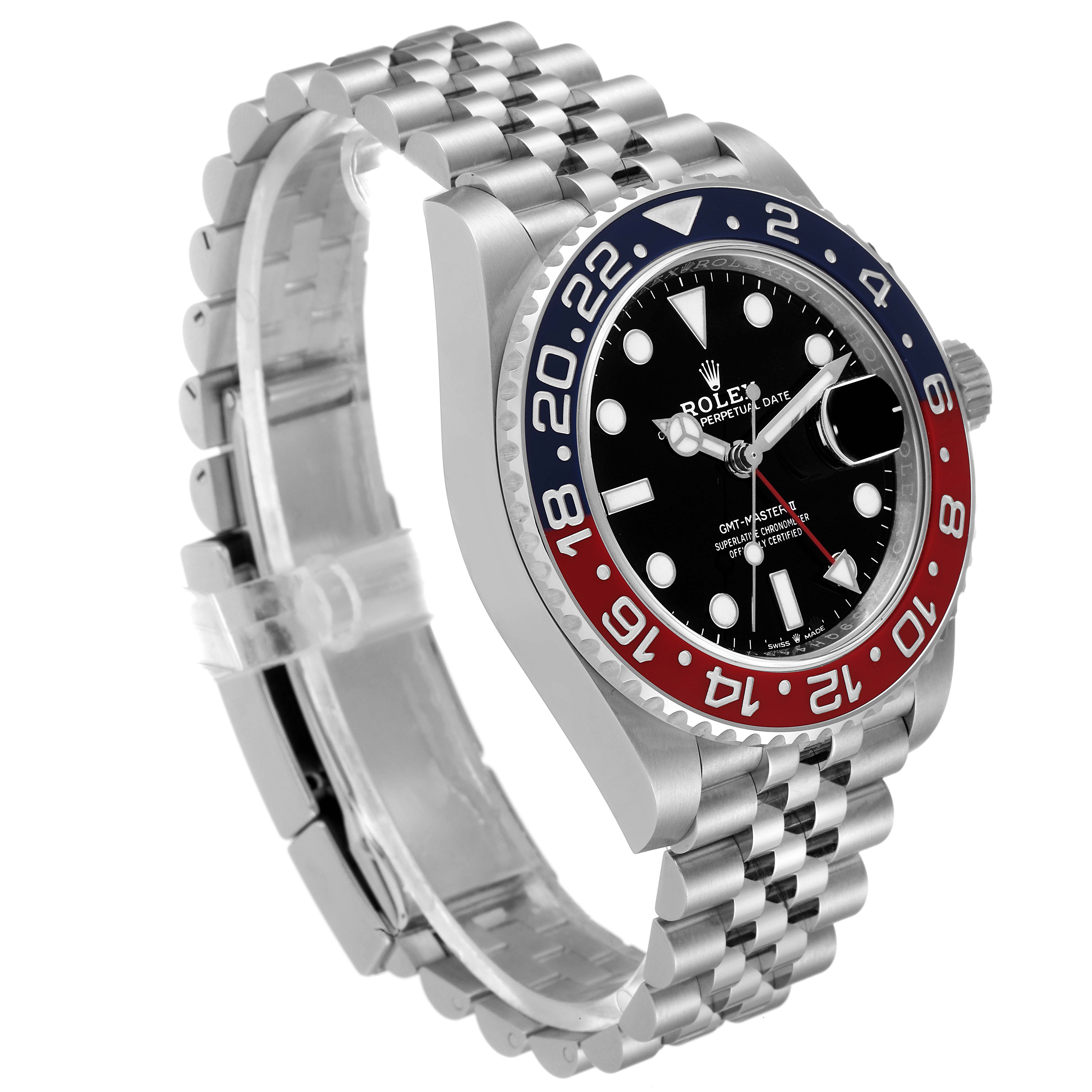 The image shows a Rolex GMT-Master 126710 Men's Stainless Steel Black Dial 126710 Men's Stainless Steel Black Dial watch at a 45-degree angle featuring its bezel, dial, crown, and jubilee bracelet.