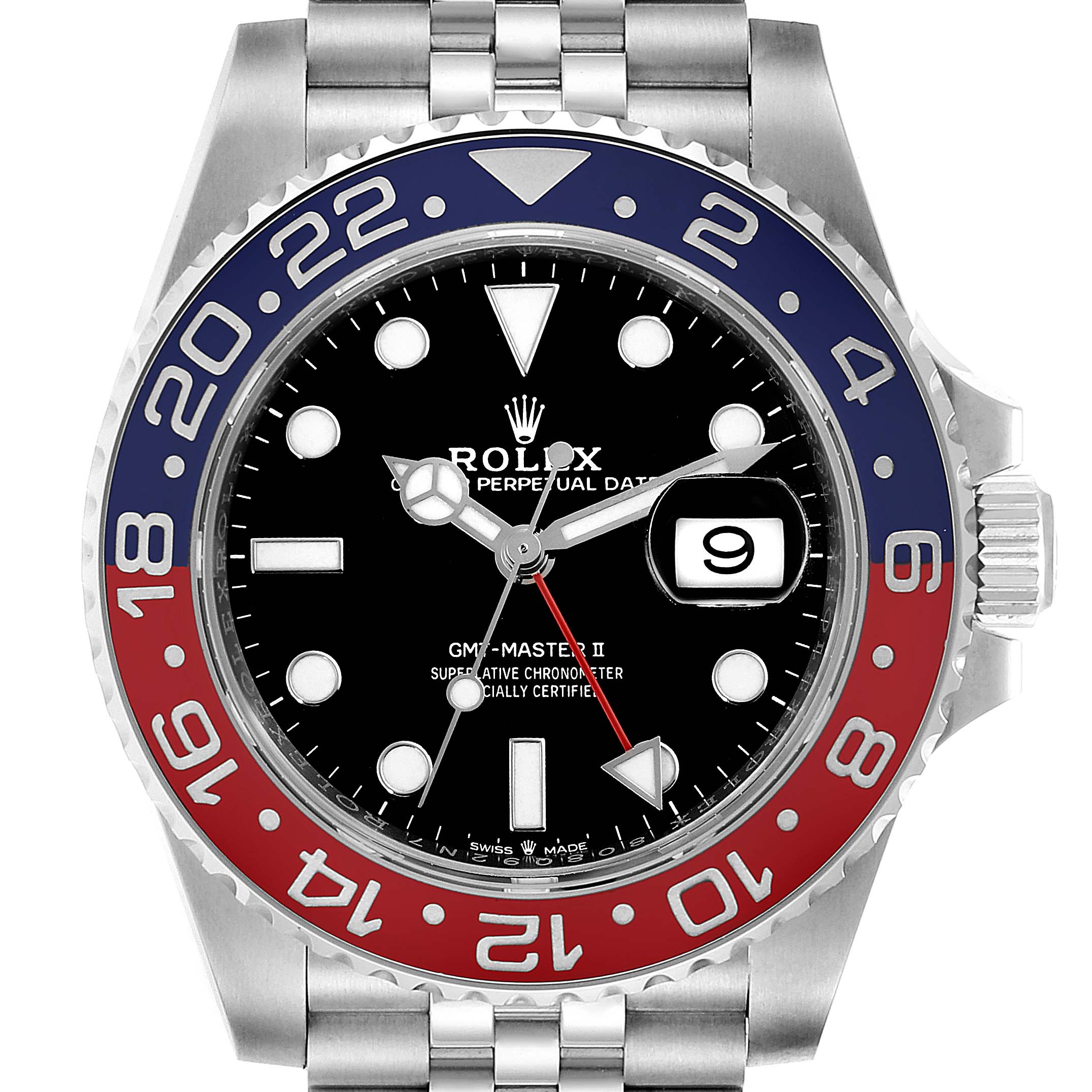 The image shows a front view of a Rolex GMT-Master 126710 Men's Stainless Steel Black Dial 126710 Men's Stainless Steel Black Dial II watch, highlighting the dial, bezel, and bracelet.