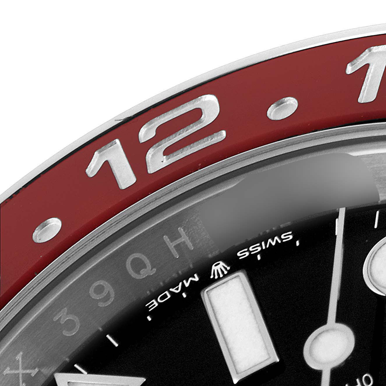 The image shows a close-up of the bezel, part of the dial, and hour markers of a Rolex GMT-Master 126710 Men's Stainless Steel Black Dial 126710 Men's Stainless Steel Black Dial watch.