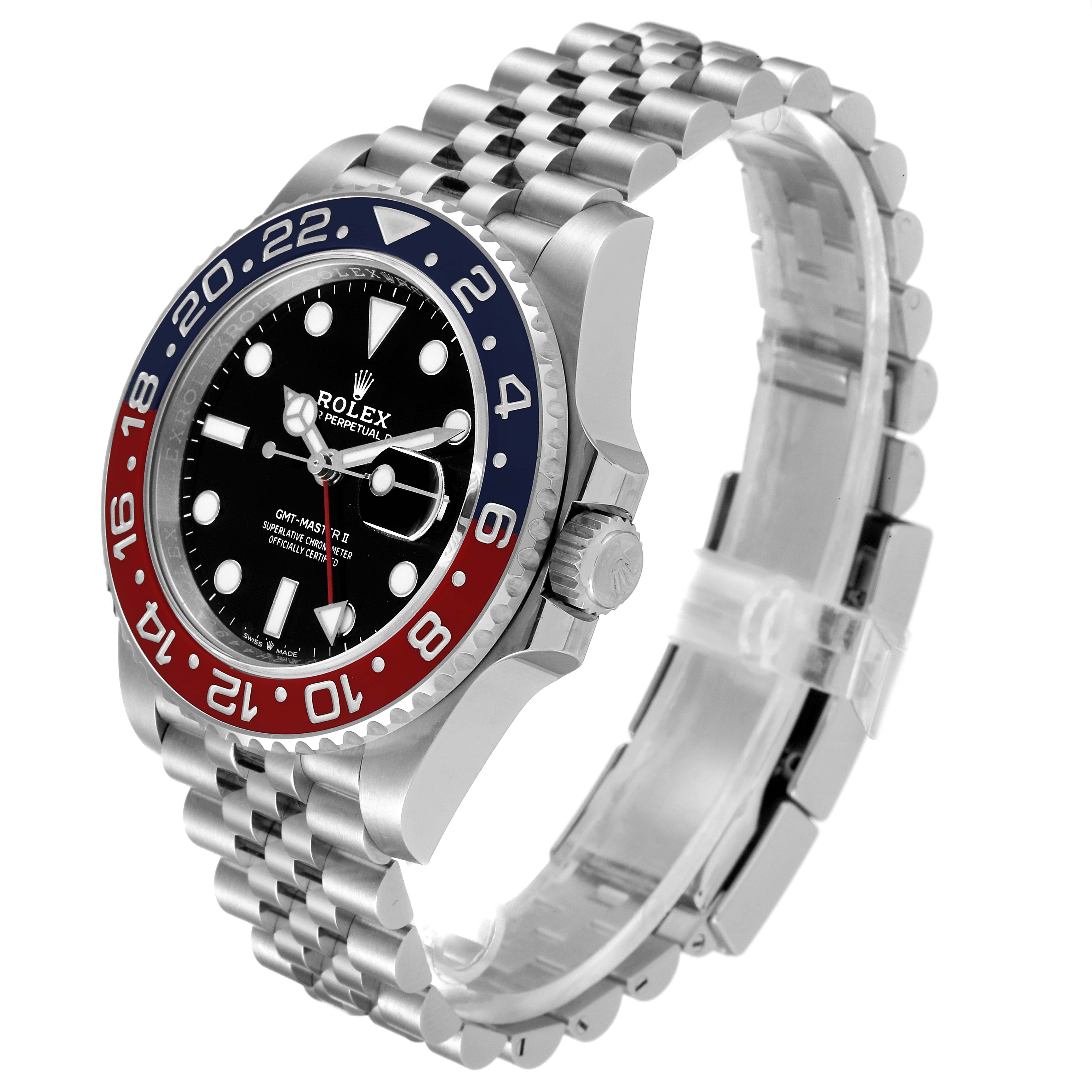 The image shows a side-angle view of a Rolex GMT-Master 126710 Men's Stainless Steel Black Dial 126710 Men's Stainless Steel Black Dial watch, highlighting the bezel, face, and bracelet.