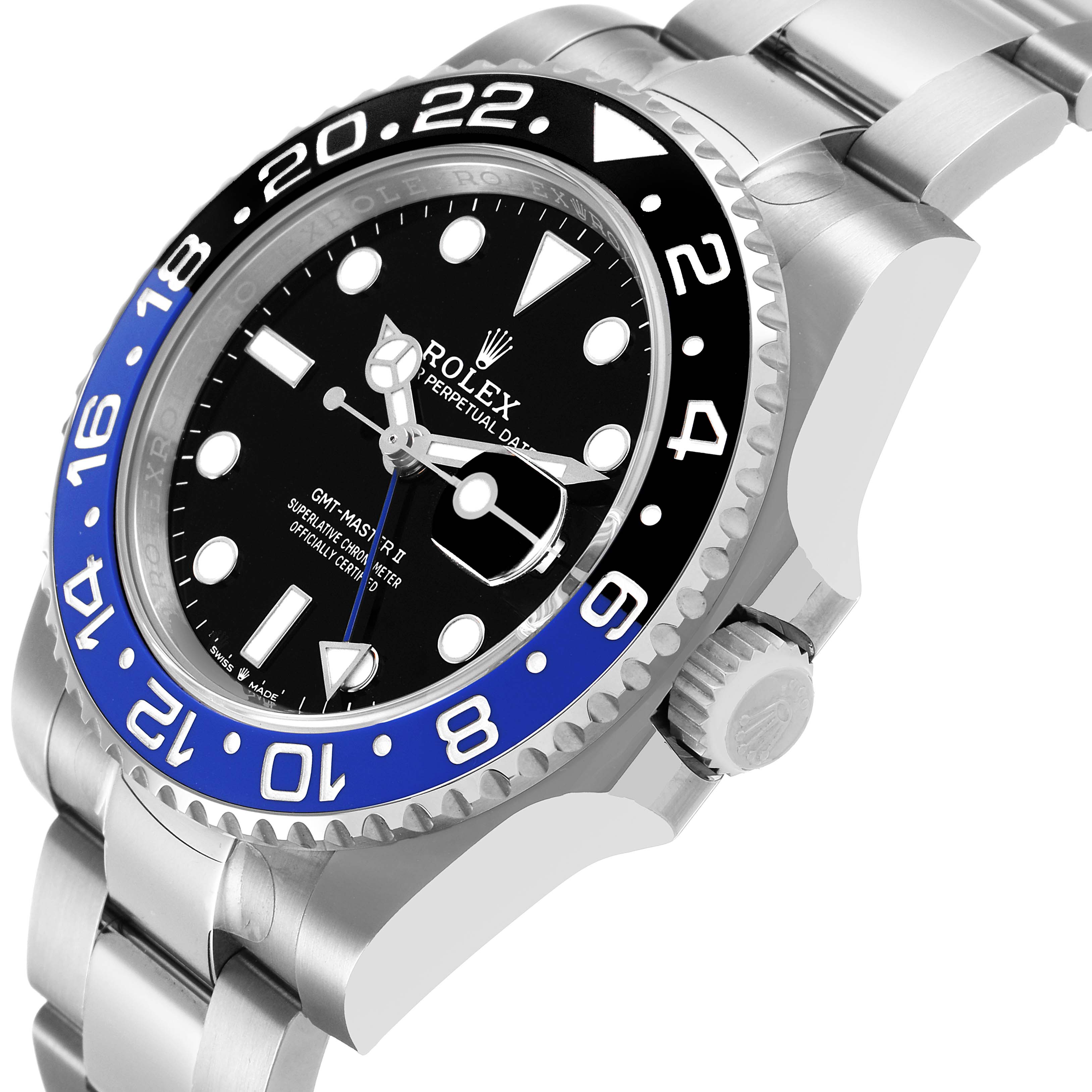 The Rolex GMT-Master M126710BLNR-0003 Men's Stainless Steel Black Dial watch is shown in a front-side angle, highlighting the bezel, face, crown, and part of the bracelet.