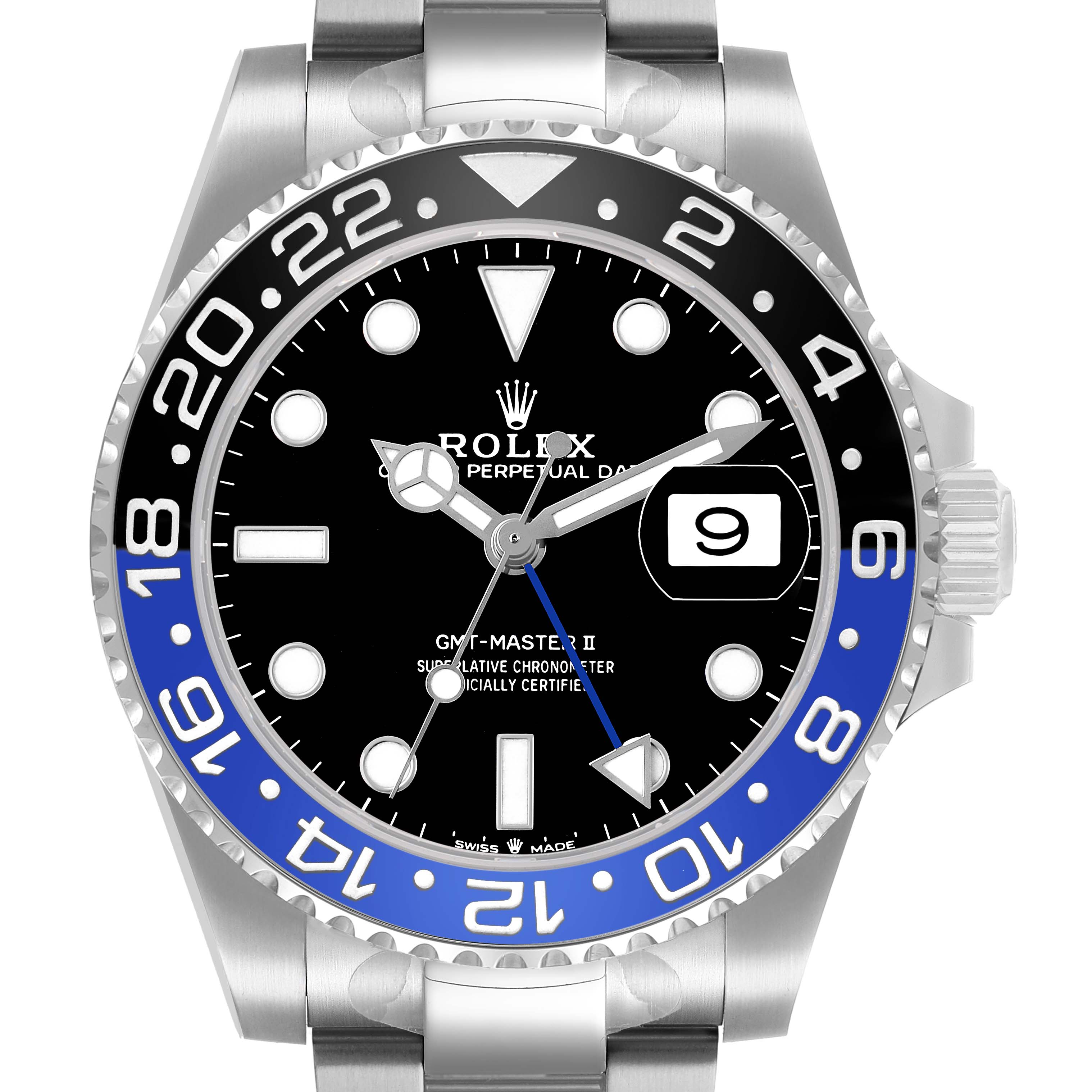 The image shows a front view of the Rolex GMT-Master M126710BLNR-0003 Men's Stainless Steel Black Dial II watch, highlighting the bezel, dial, hands, and date display.