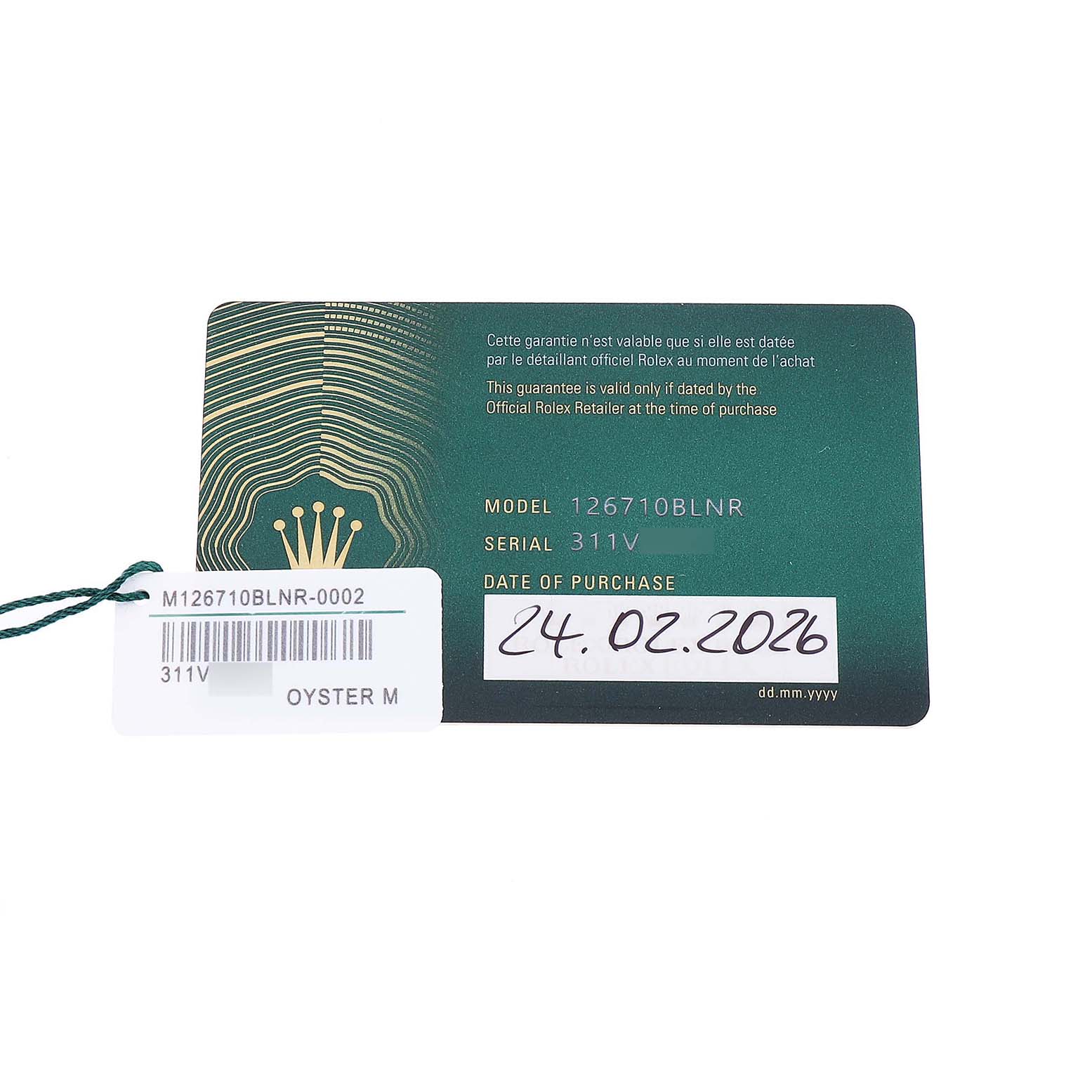 The image shows a warranty card and tag for a Rolex GMT-Master M126710BLNR-0003 Men's Stainless Steel Black Dial model 126710BLNR.