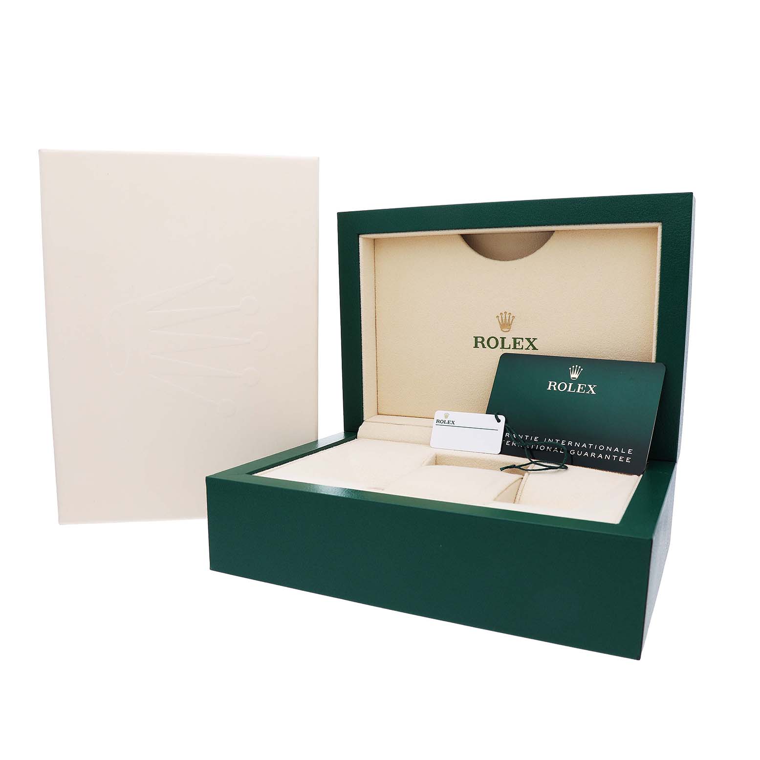The image shows a Rolex GMT-Master M126710BLNR-0003 Men's Stainless Steel Black Dial watch box with a warranty card and booklet.