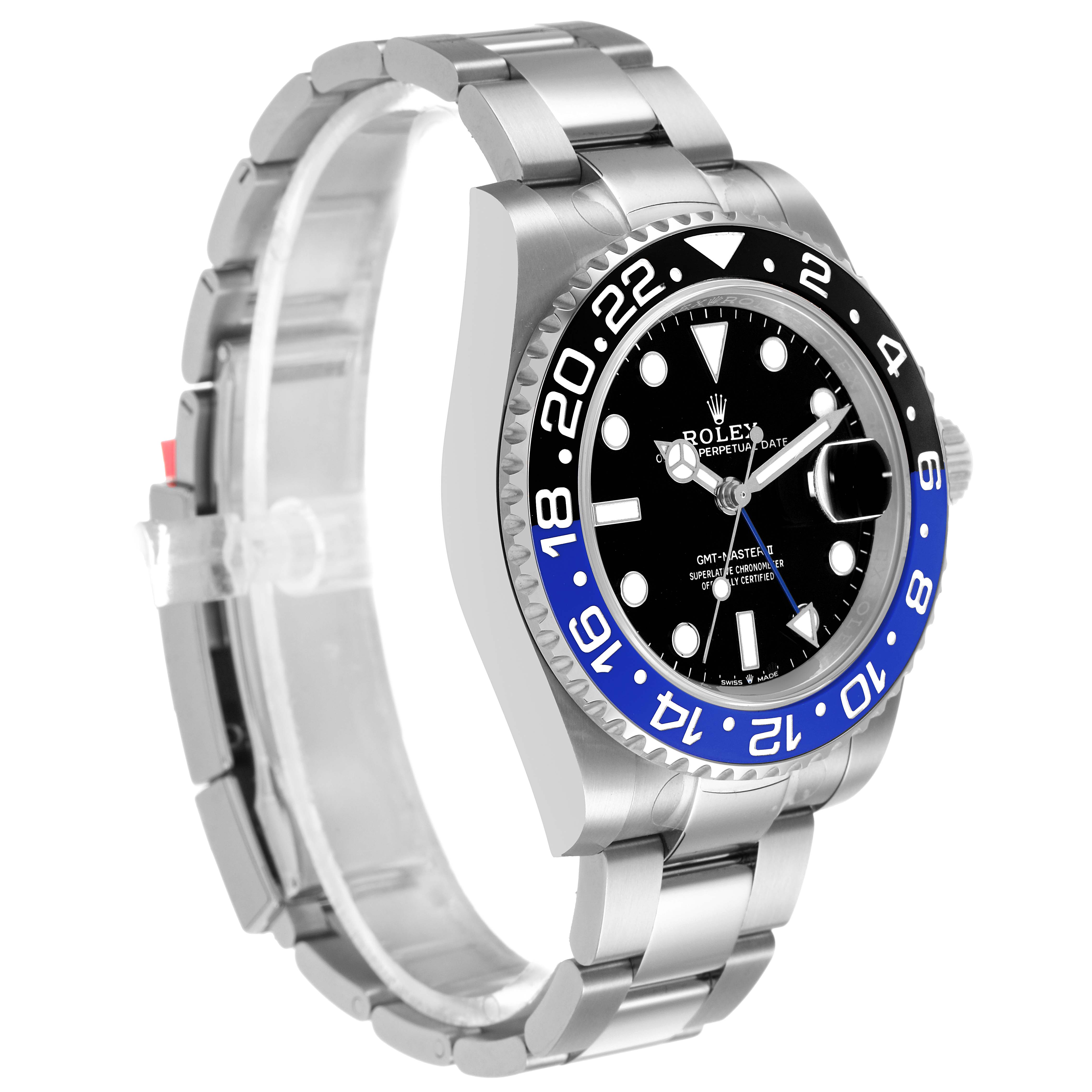 The Rolex GMT-Master M126710BLNR-0003 Men's Stainless Steel Black Dial watch is shown at an angled side view, highlighting its bezel, dial, and bracelet.