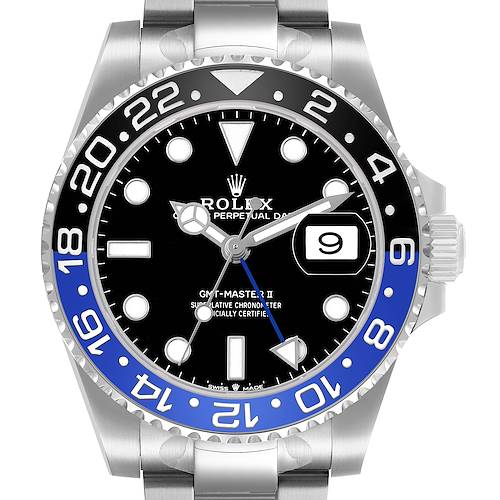 The image shows a front view of the Rolex GMT-Master M126710BLNR-0003 Men's Stainless Steel Black Dial II, highlighting the bezel, dial, and date window.