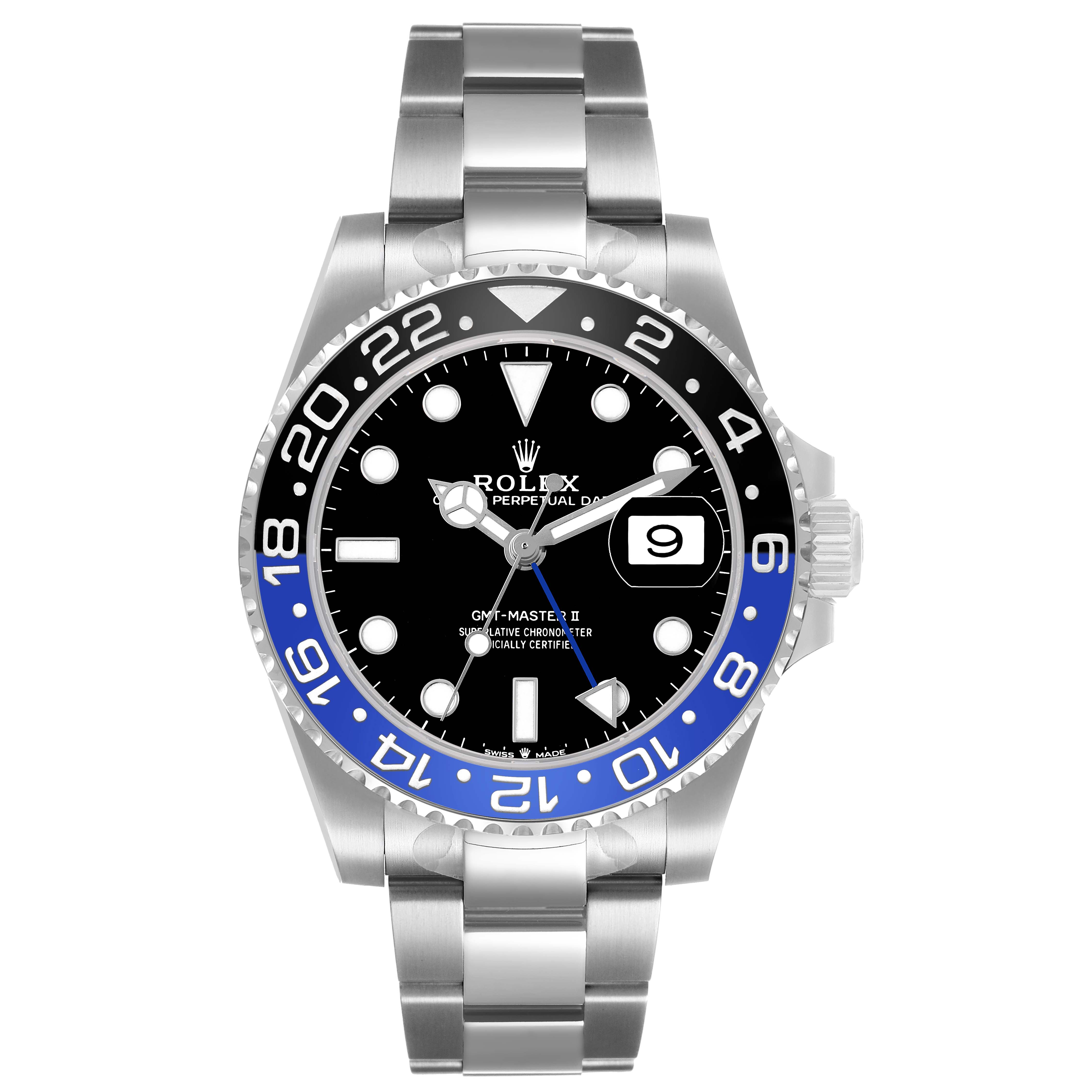 The image shows a front view of the Rolex GMT-Master M126710BLNR-0003 Men's Stainless Steel Black Dial watch, featuring the dial, bezel, and bracelet.