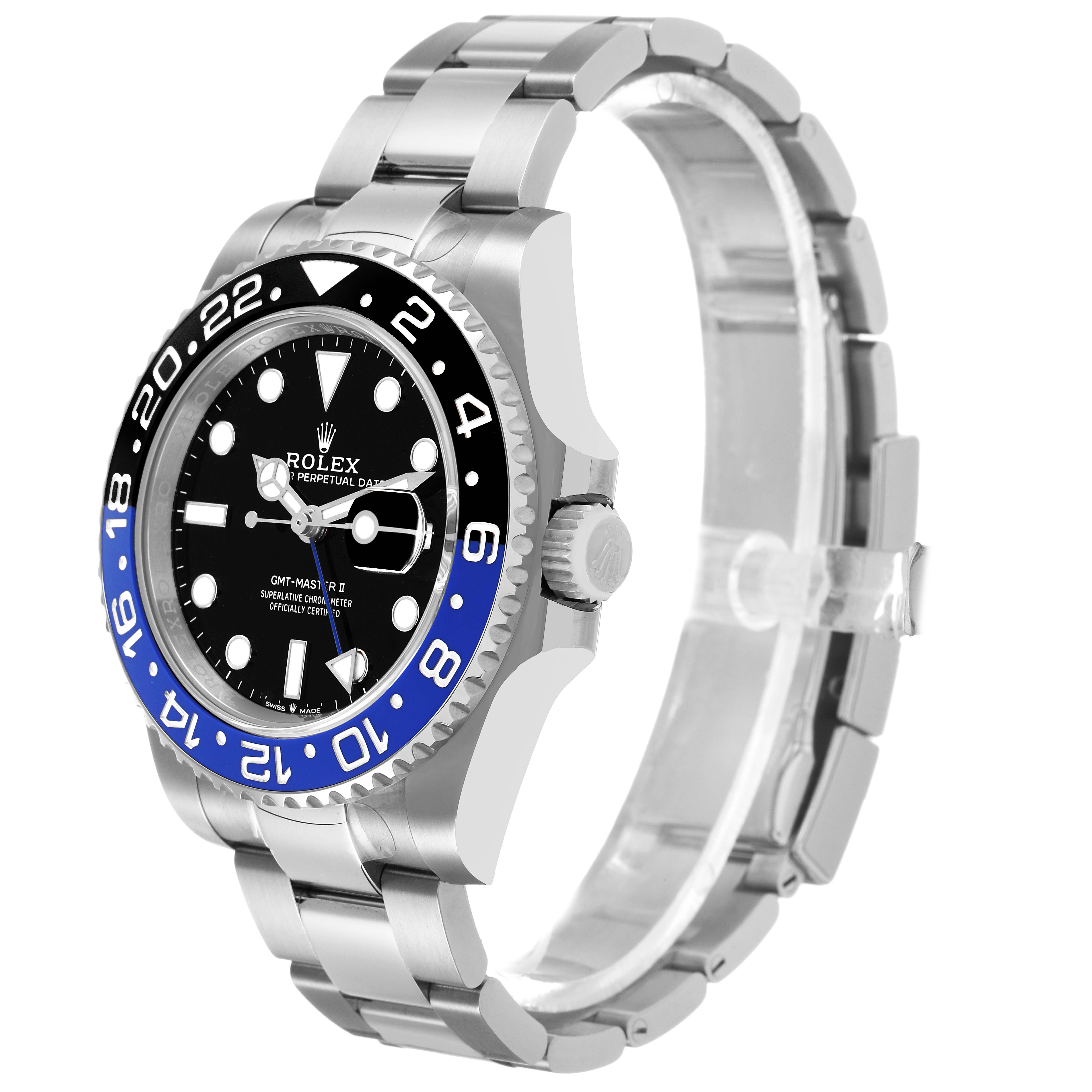 The Rolex GMT-Master M126710BLNR-0003 Men's Stainless Steel Black Dial watch is shown at a three-quarter angle, highlighting the bezel, crown, dial, and bracelet.