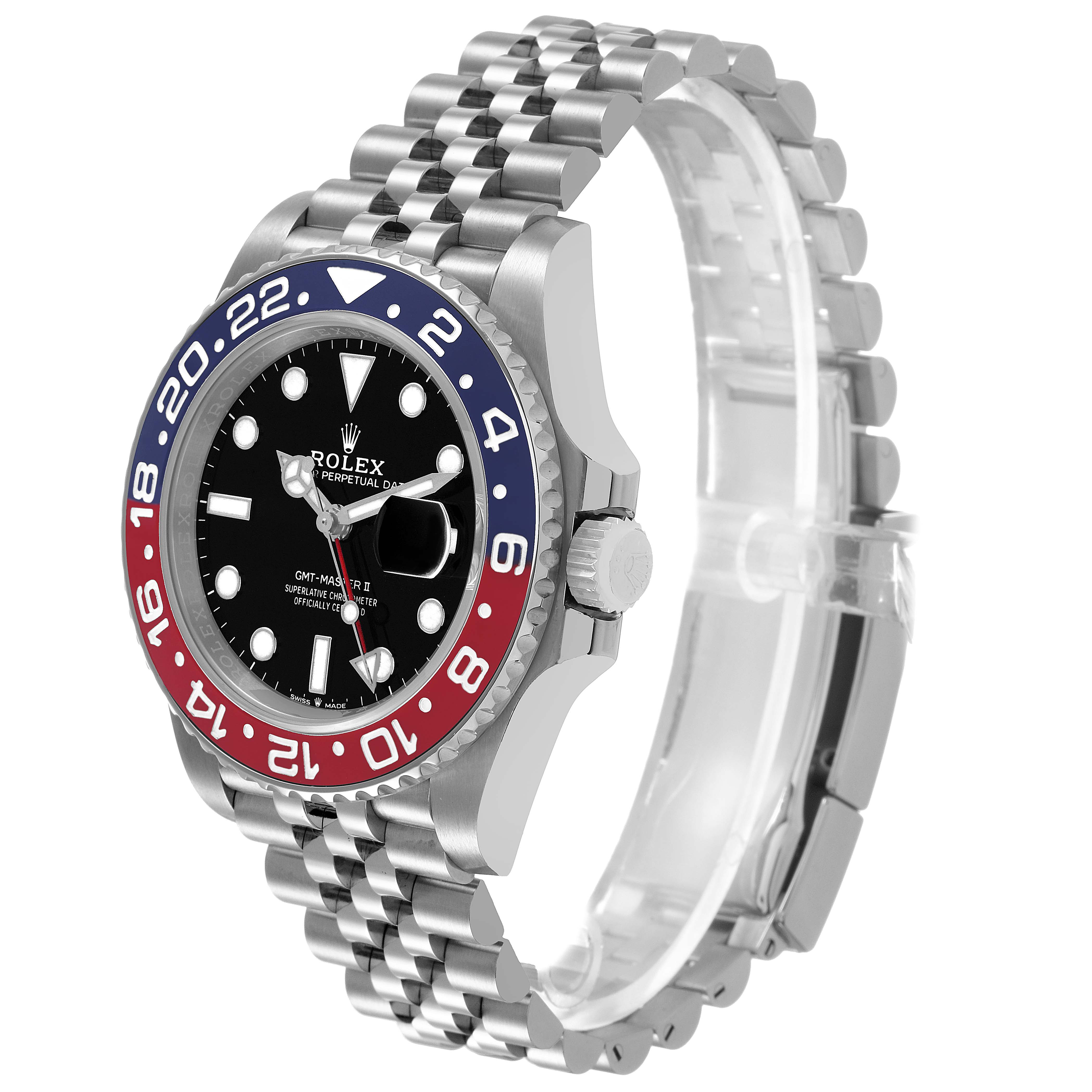 The Rolex GMT-Master 126710BLRO Men's Stainless Steel Black Dial watch is shown at an angled side view, highlighting the bezel, crown, dial, and jubilee bracelet.