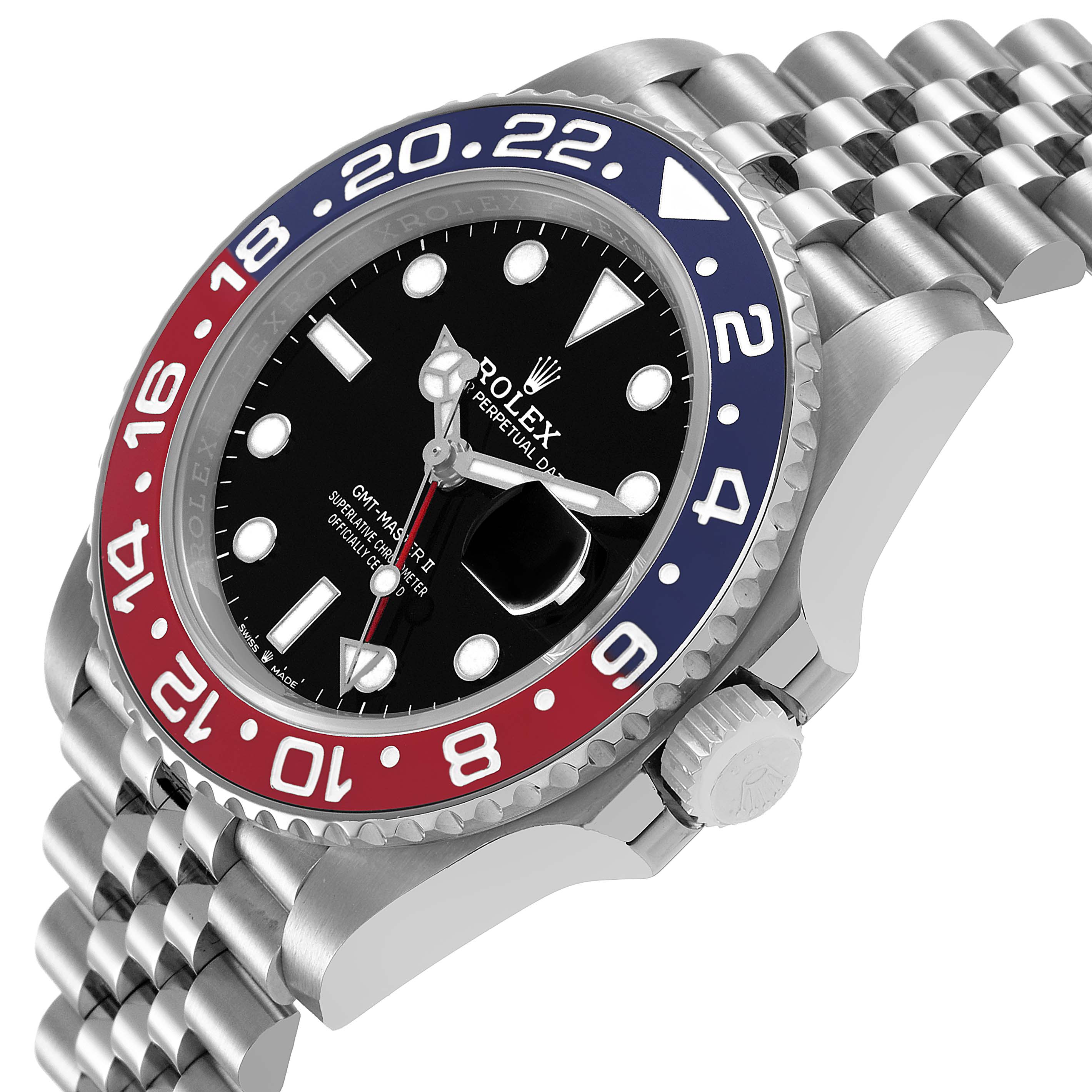 The image shows a Rolex GMT-Master 126710BLRO Men's Stainless Steel Black Dial watch at an angled side view, highlighting the bezel, dial, and bracelet.