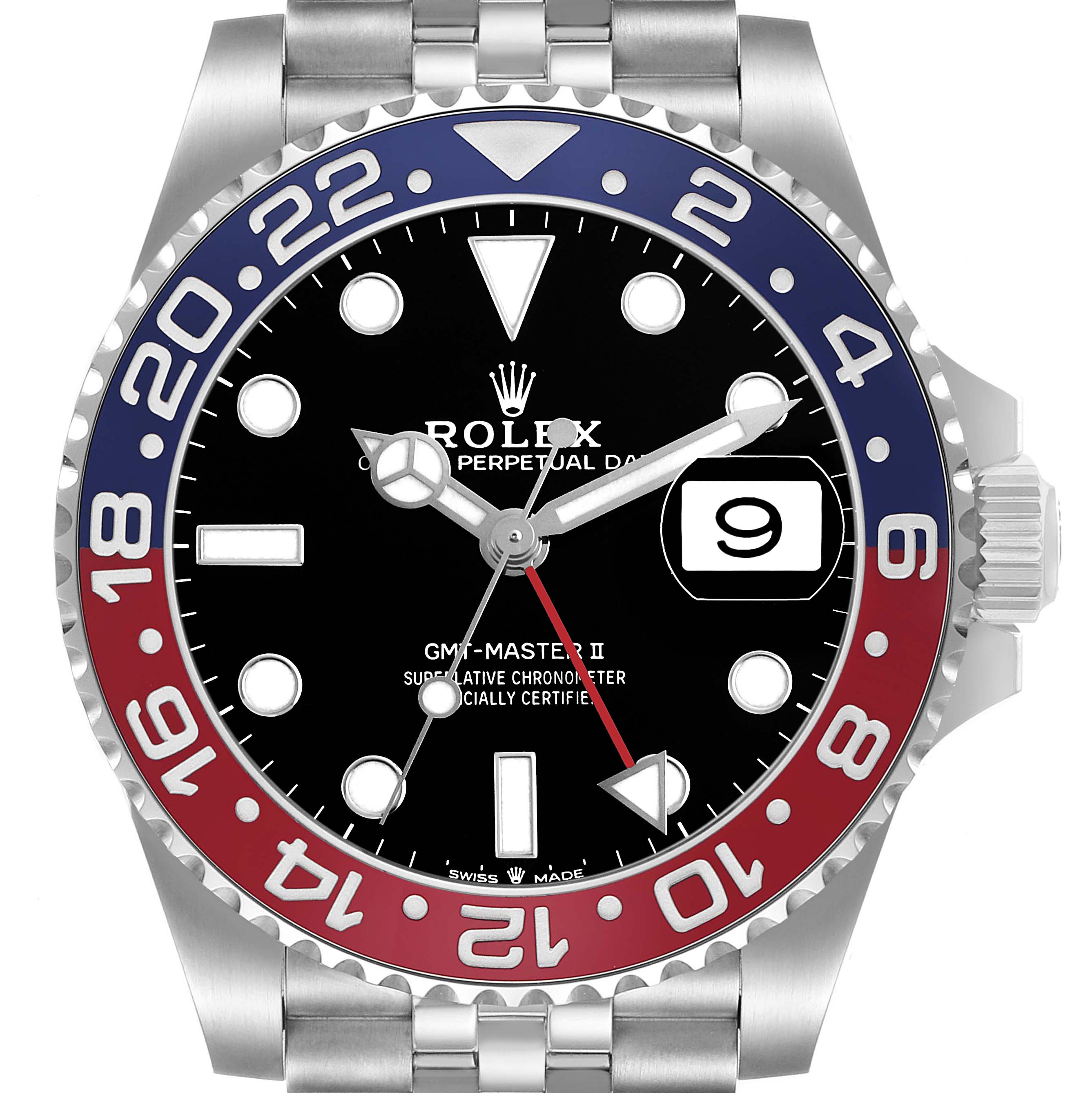 The Rolex GMT-Master 126710BLRO Men's Stainless Steel Black Dial II is shown from the front, highlighting the bezel, dial, hands, bracelet, and date window.