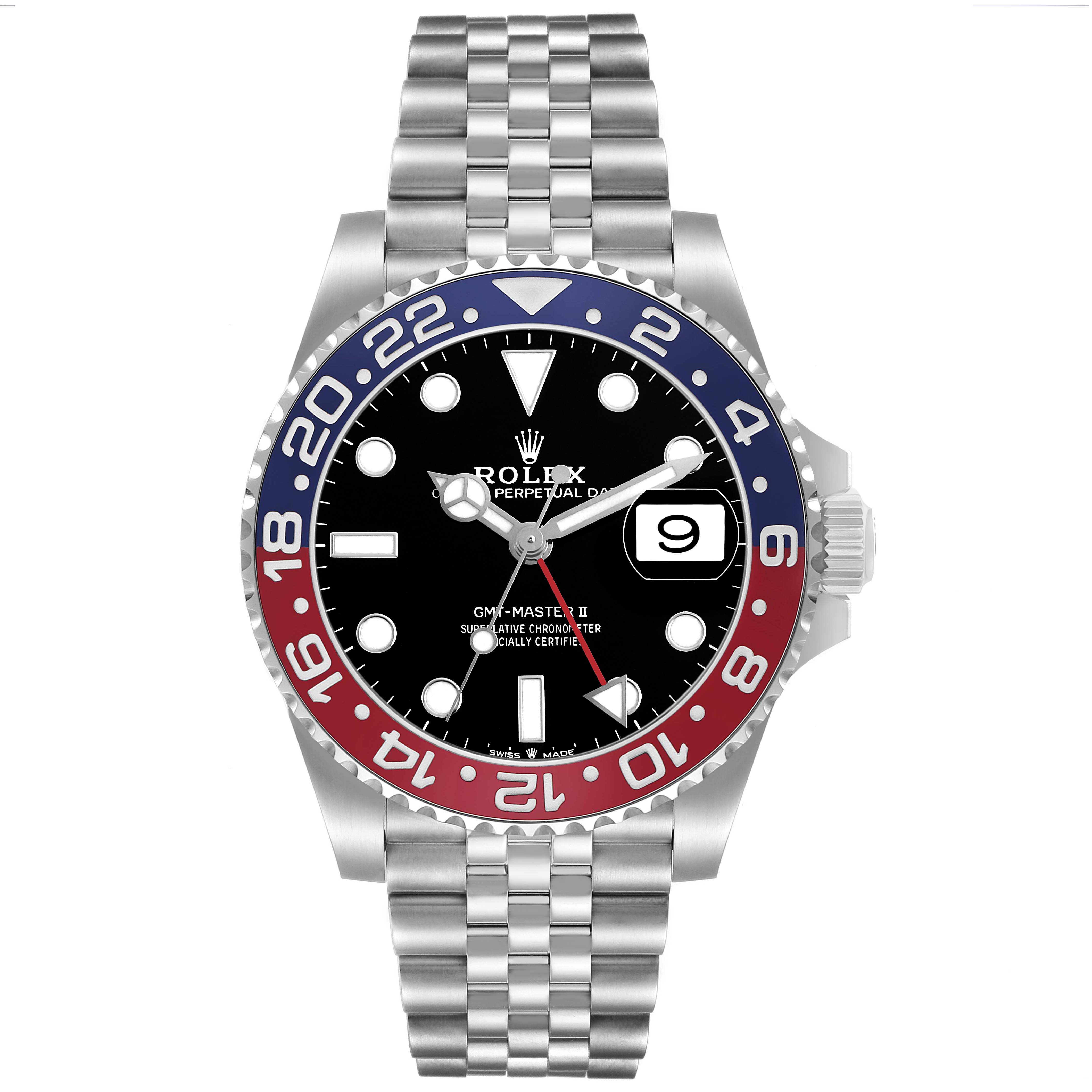 The Rolex GMT-Master 126710BLRO Men's Stainless Steel Black Dial watch is shown from a front angle, displaying the bezel, dial, jubilee bracelet, and crown.