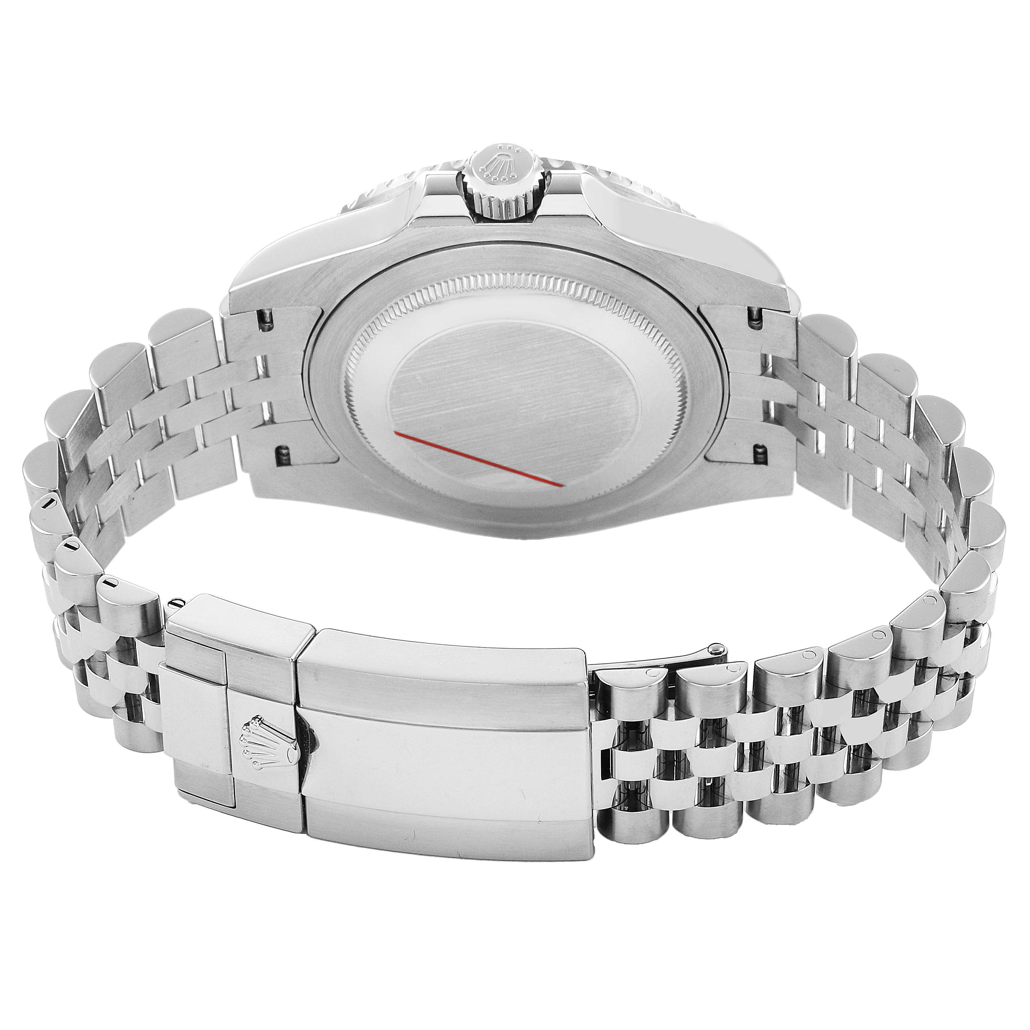 The image shows the back view of a Rolex GMT-Master 126710BLRO Men's Stainless Steel Black Dial, highlighting the case back and Jubilee bracelet with clasp.