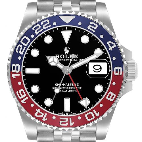 The image shows a front view of the Rolex GMT-Master 126710BLRO Men's Stainless Steel Black Dial II, highlighting the bezel, dial, hands, and date window.