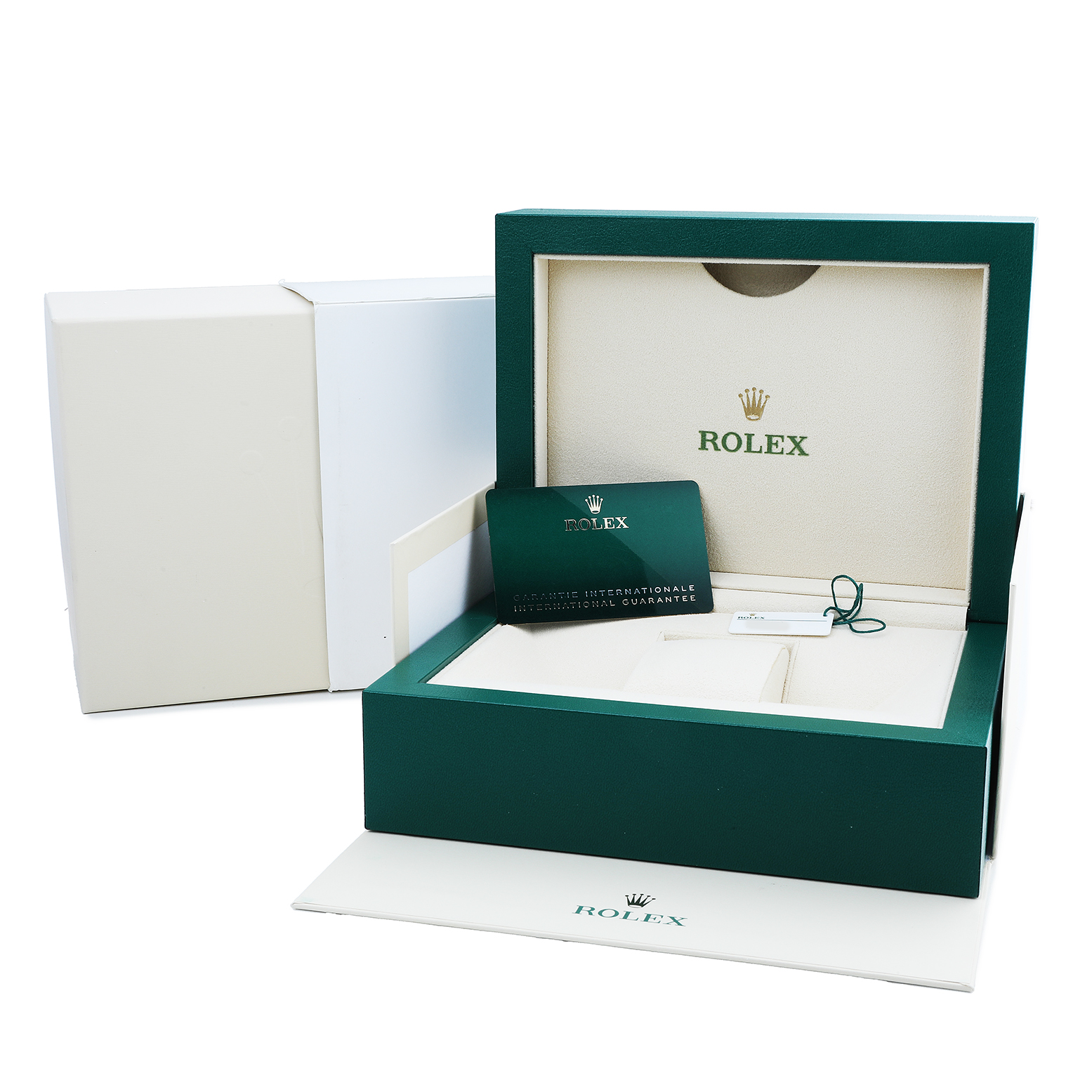 The image shows the open box and accessories for a Rolex GMT-Master 126710BLRO Men's Stainless Steel Black Dial, including the warranty card and hang tag.