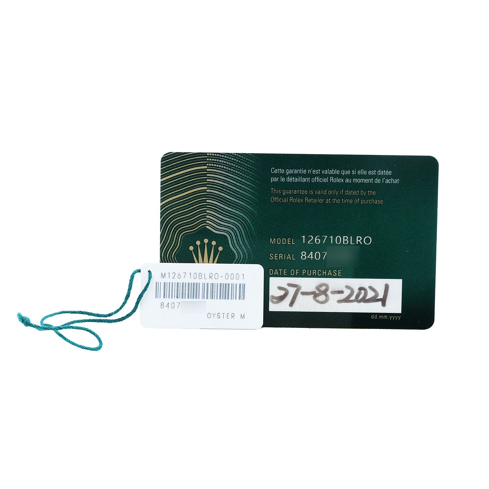 The image shows a Rolex GMT-Master 126710BLRO Men's Stainless Steel Black Dial warranty card with model 126710BLRO, featuring its serial number and purchase date.