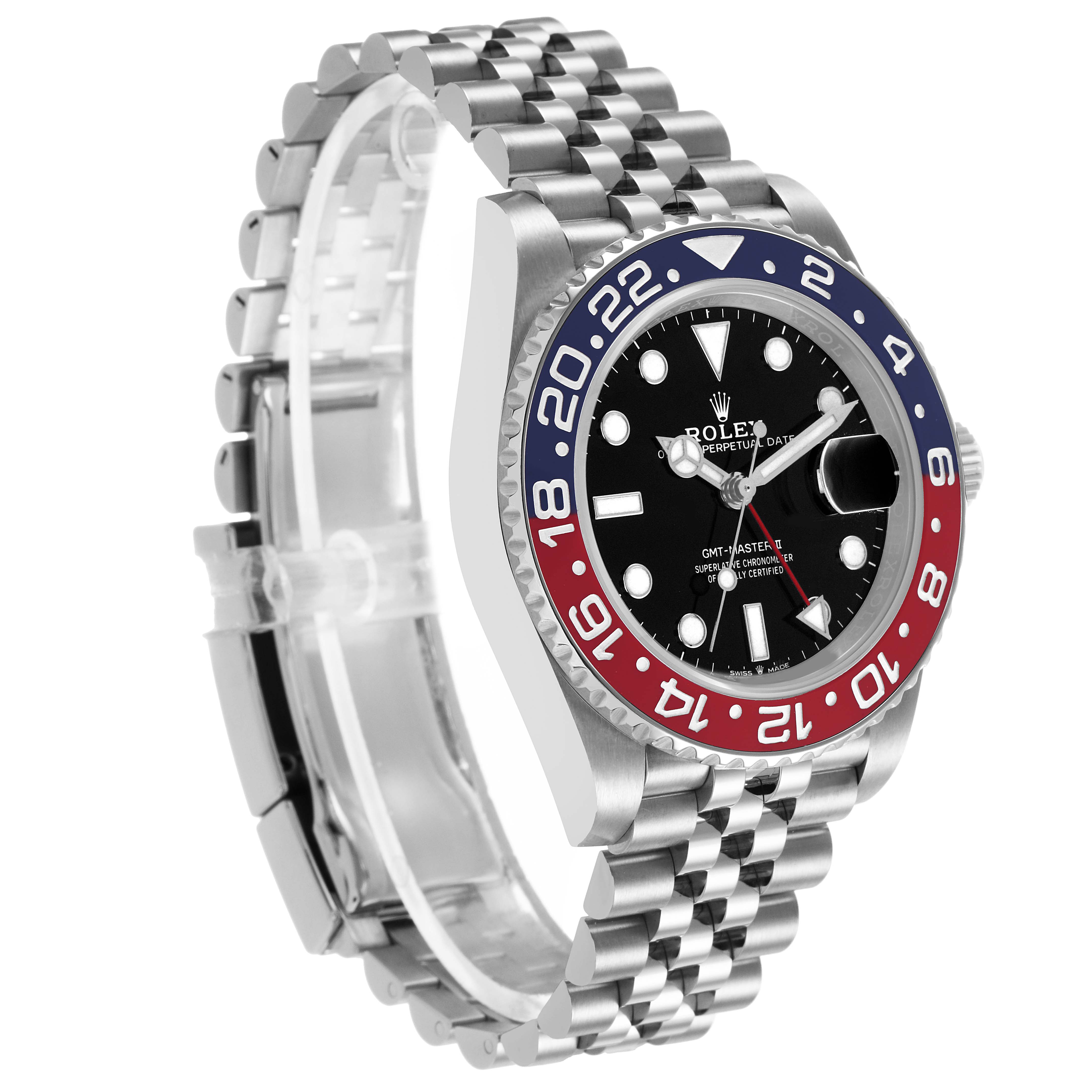 The Rolex GMT-Master 126710BLRO Men's Stainless Steel Black Dial watch is shown at a three-quarter angle, highlighting the bezel, dial, and jubilee bracelet.