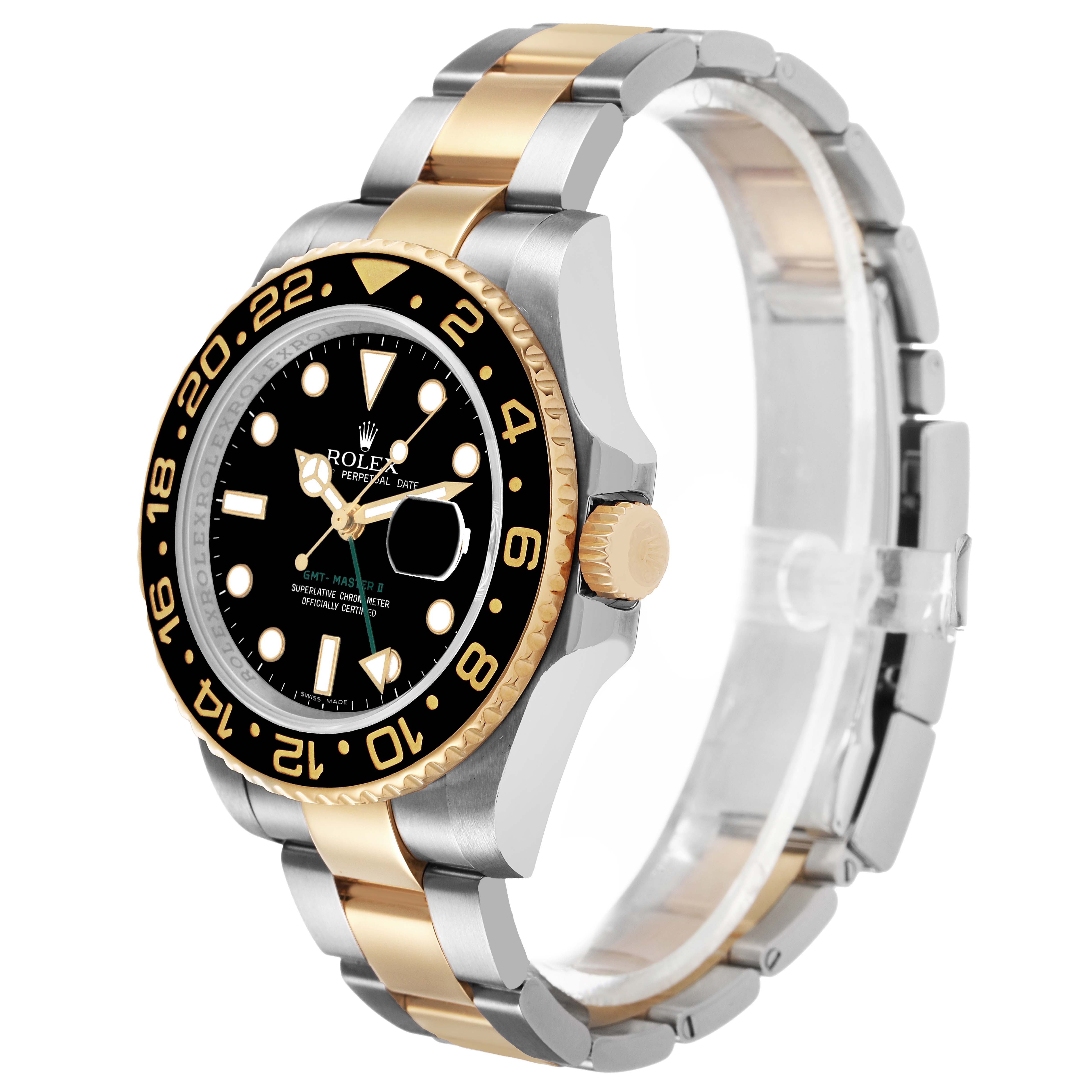 The Rolex GMT-Master 116713LN Men's Stainless Steel Black Dial watch is shown at an oblique angle, highlighting the bezel, dial, crown, and bracelet.