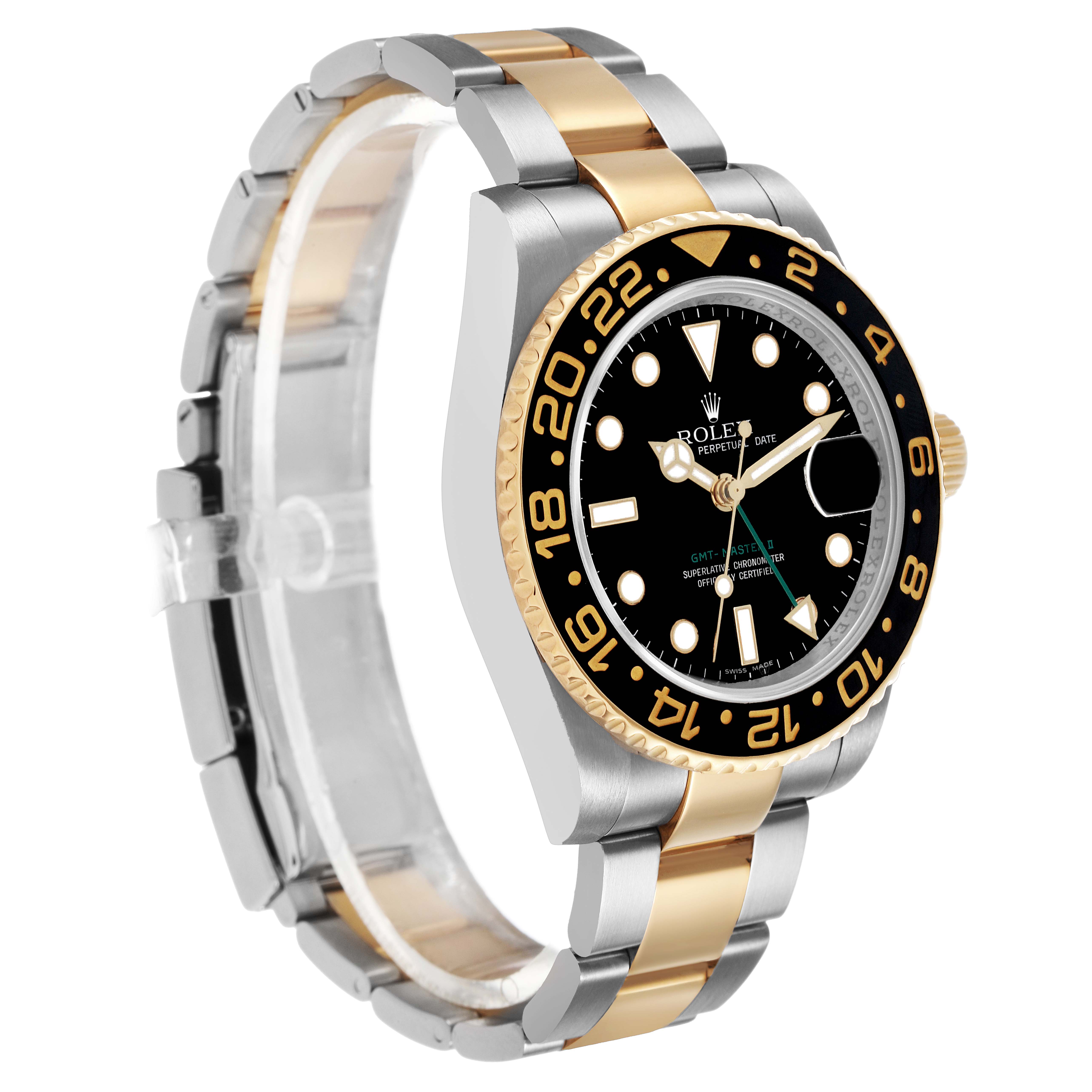 The Rolex GMT-Master 116713LN Men's Stainless Steel Black Dial watch is shown in a three-quarter angle, highlighting the dial, bezel, and two-tone bracelet.