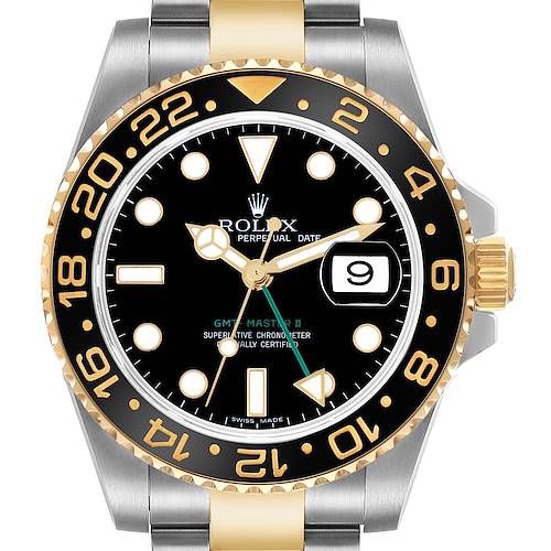 The Rolex GMT-Master 116713LN Men's Stainless Steel Black Dial model is shown from a top-down angle, highlighting the bezel, dial, and two-tone bracelet.