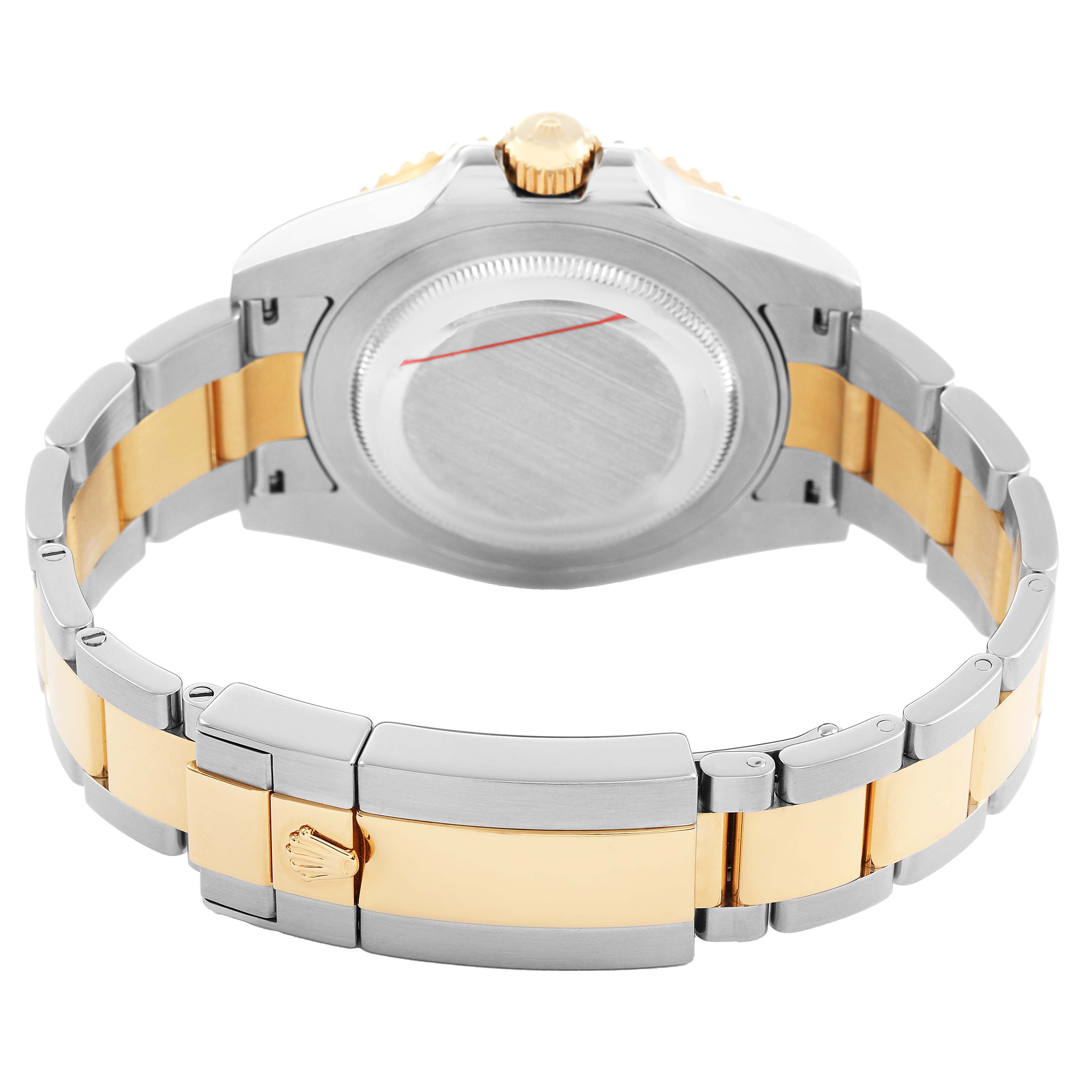 The image shows the back of a Rolex GMT-Master 116713LN Men's Stainless Steel Black Dial watch, highlighting the case back and two-tone bracelet with clasp.