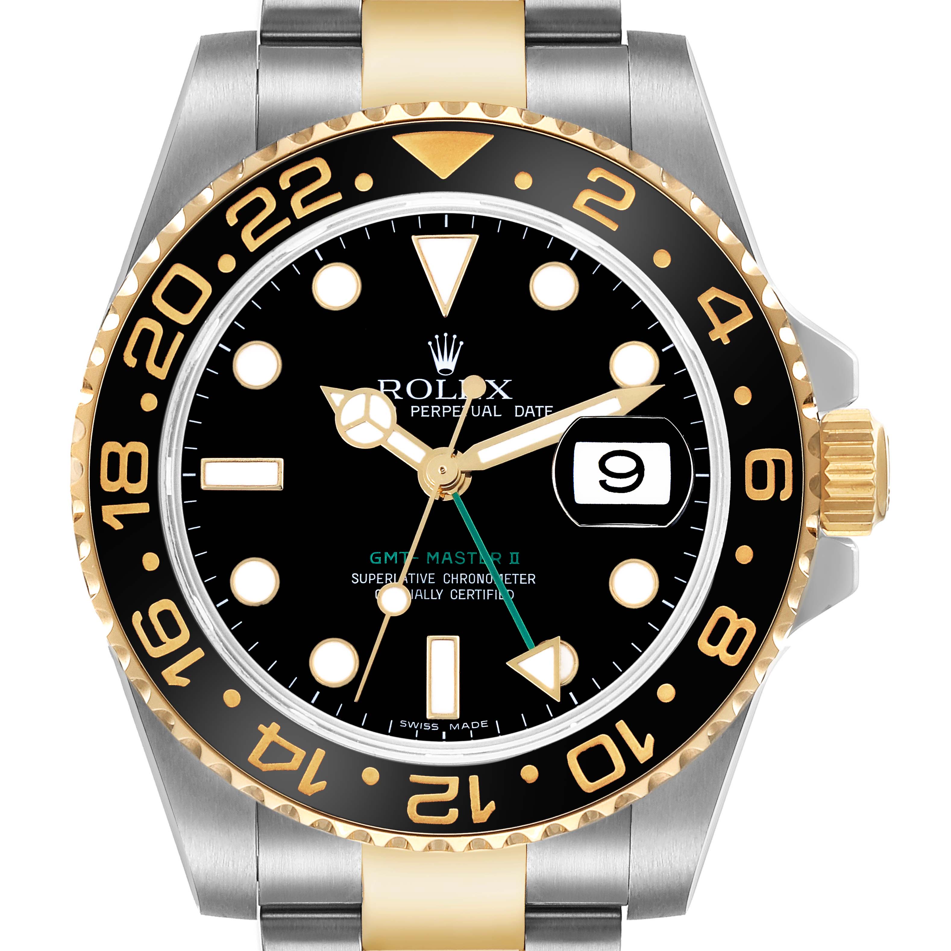 The Rolex GMT-Master 116713LN Men's Stainless Steel Black Dial watch is displayed from a top-down angle, highlighting the bezel, dial, and part of the bracelet.