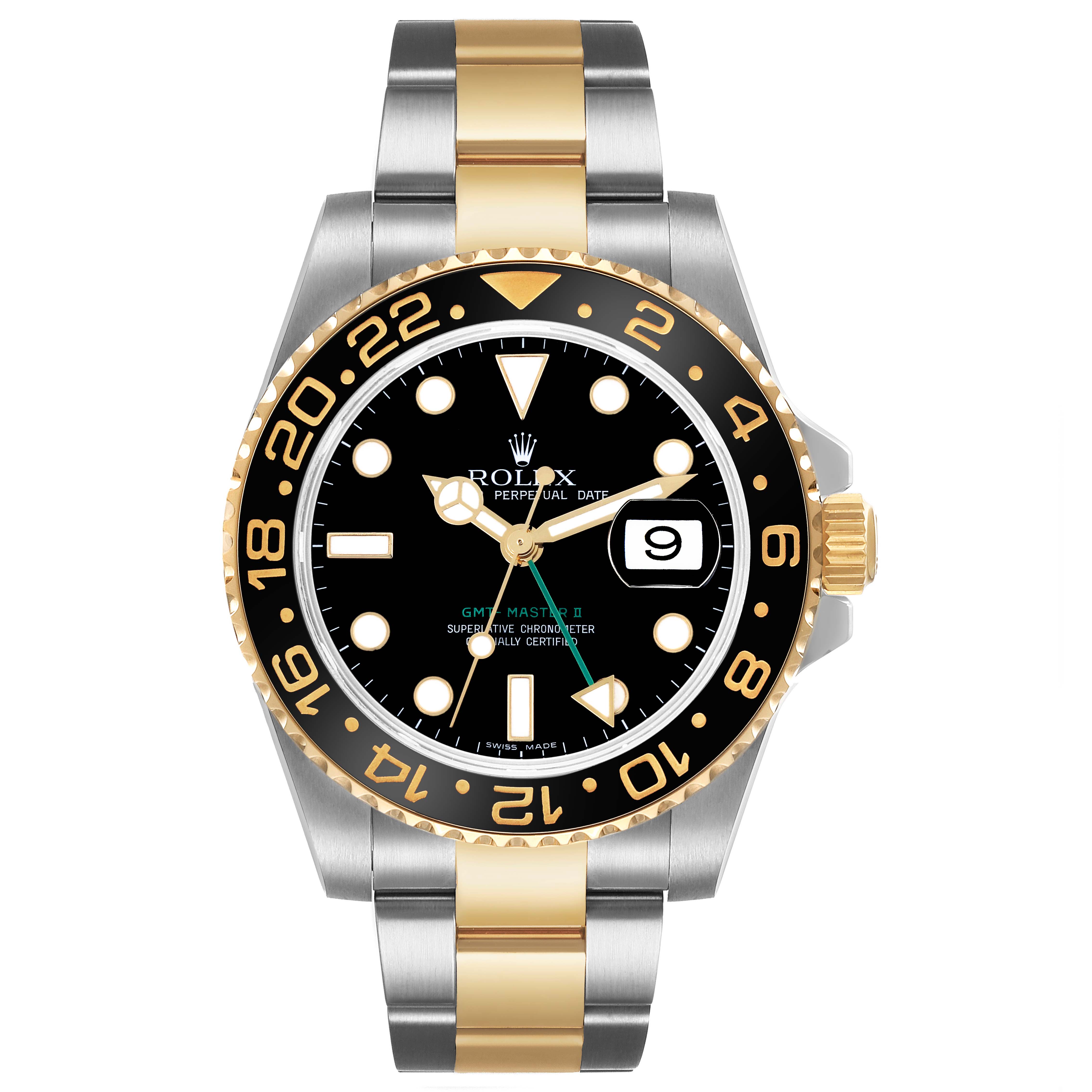 The Rolex GMT-Master 116713LN Men's Stainless Steel Black Dial watch is shown from the front, displaying its bezel, dial, hands, date, and two-tone bracelet.