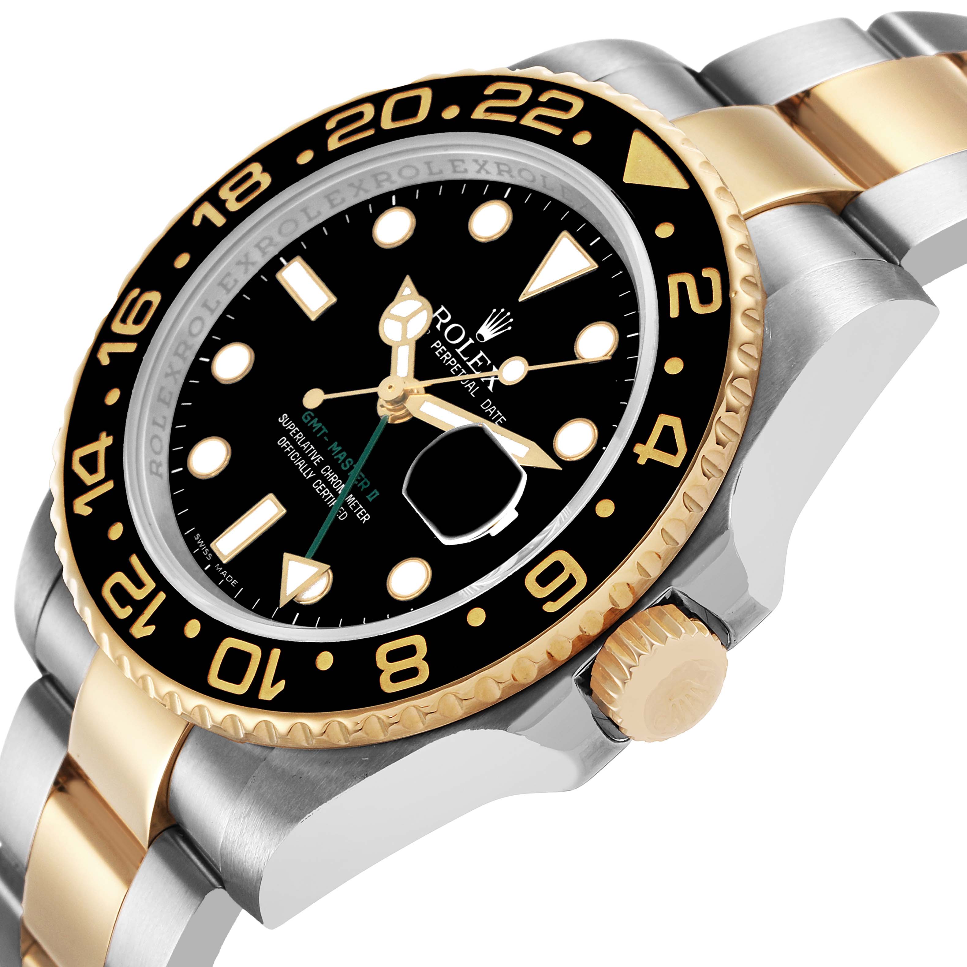 The Rolex GMT-Master 116713LN Men's Stainless Steel Black Dial watch is shown at an angled side view, highlighting the bezel, dial, and two-tone bracelet.