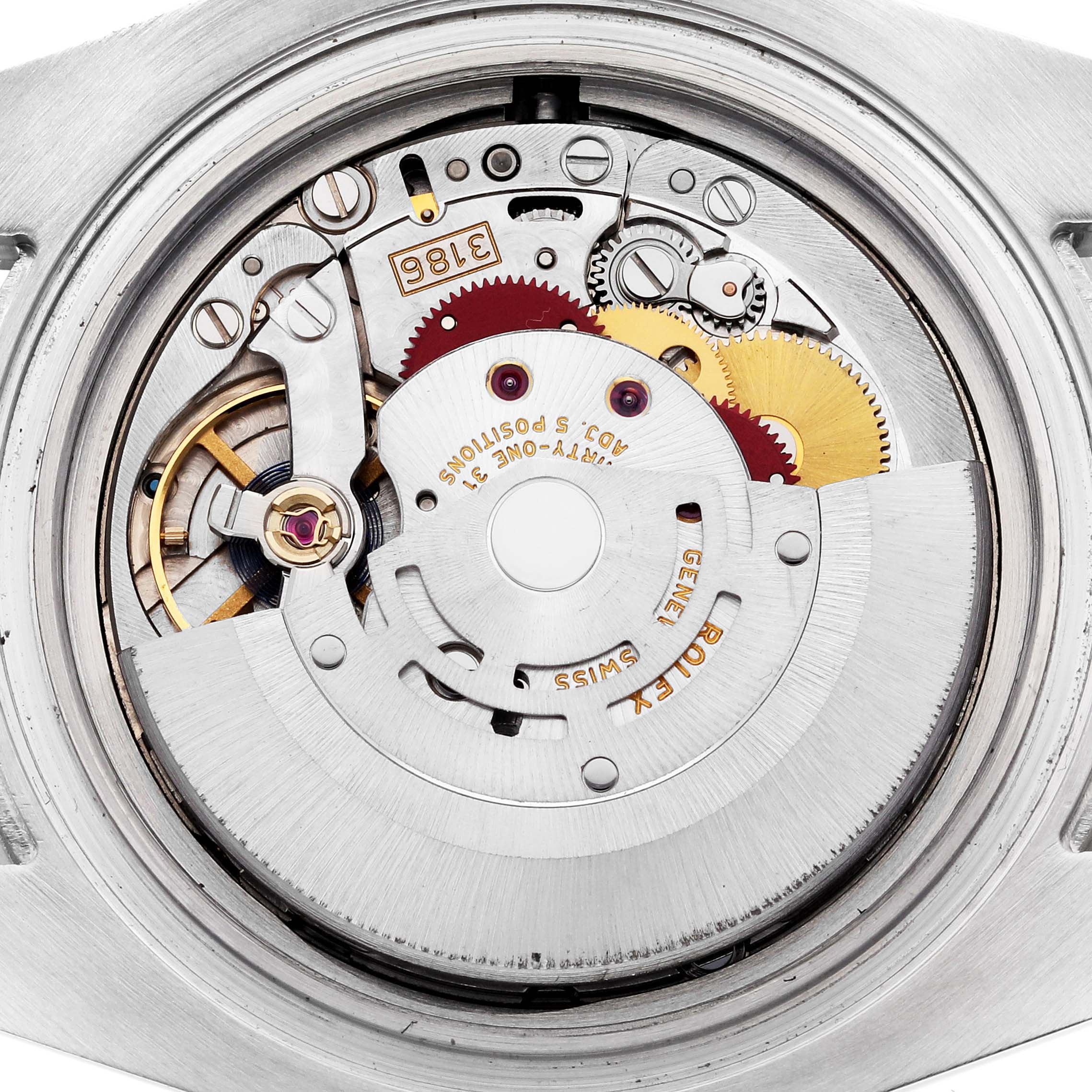 The image shows the internal movement of a Rolex GMT-Master 116713LN Men's Stainless Steel Black Dial watch, viewed from the back with gears and rotor visible.