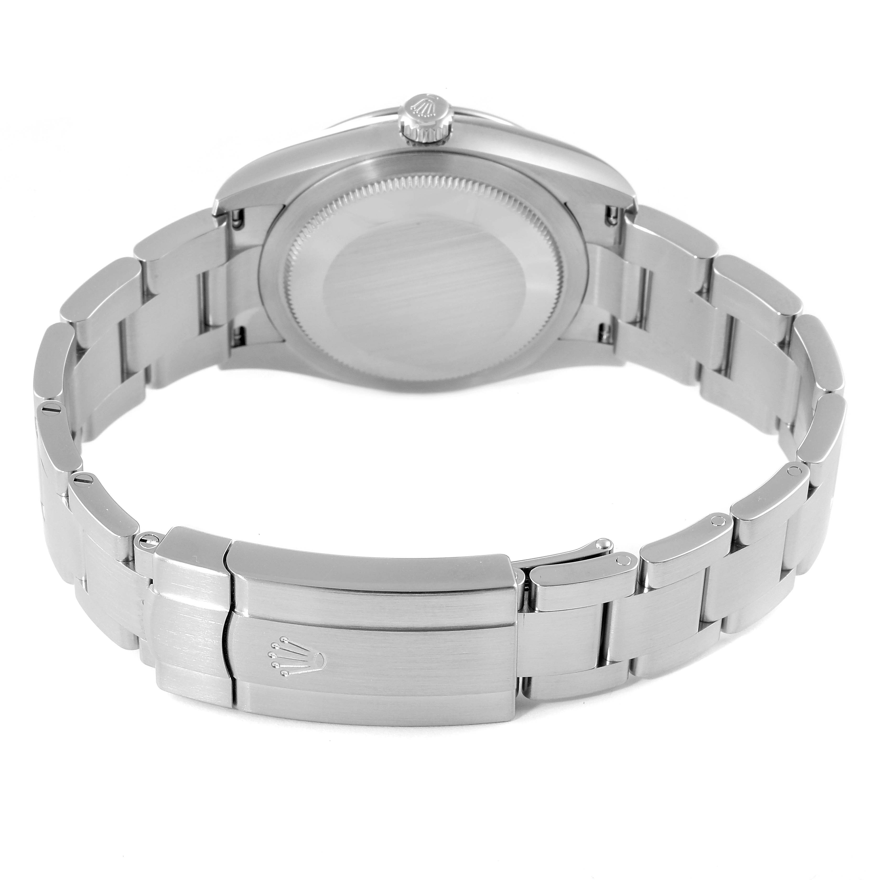 The image shows the back view of a Rolex Oyster Perpetual 124200 Men's Stainless Steel Silver Dial 124200 Men's Stainless Steel Silver Dial watch, highlighting its case back, bracelet, and clasp.
