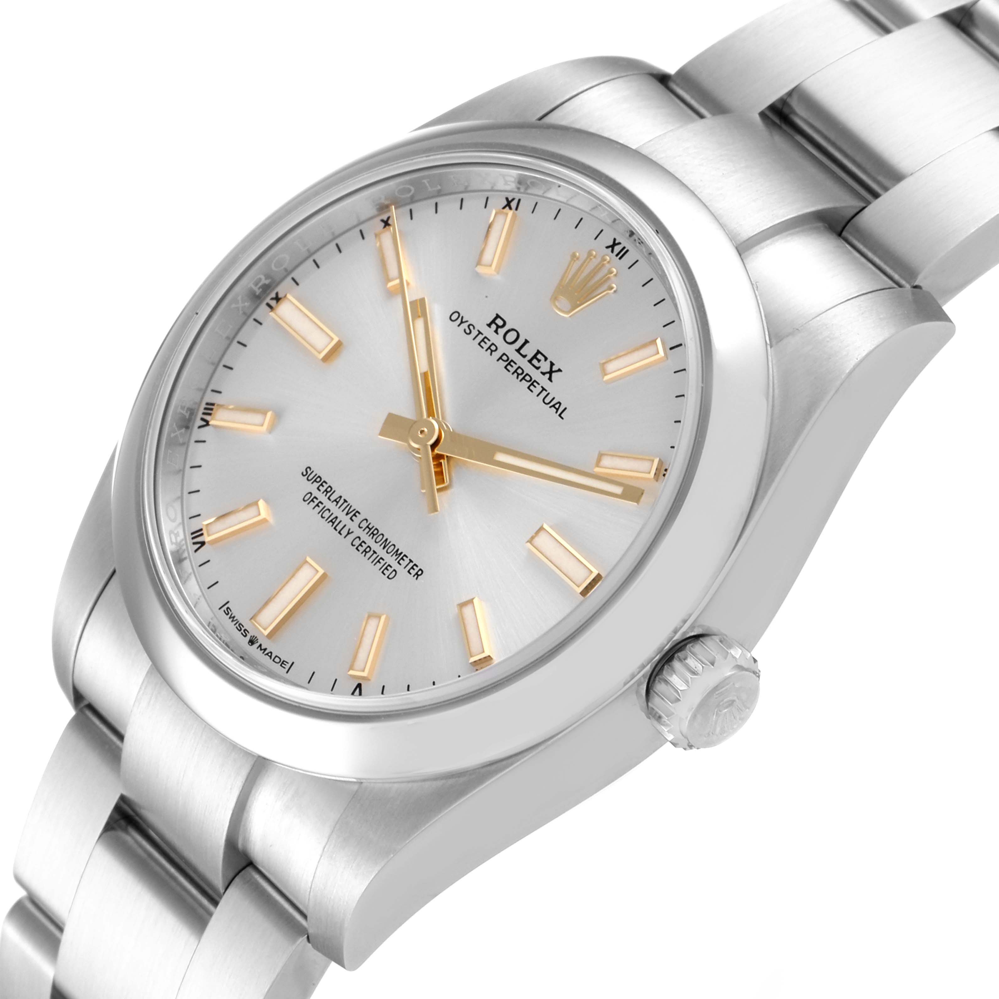The image shows a close-up angled view of the dial, case, crown, and part of the bracelet of a Rolex Oyster Perpetual 124200 Men's Stainless Steel Silver Dial 124200 Men's Stainless Steel Silver Dial watch.