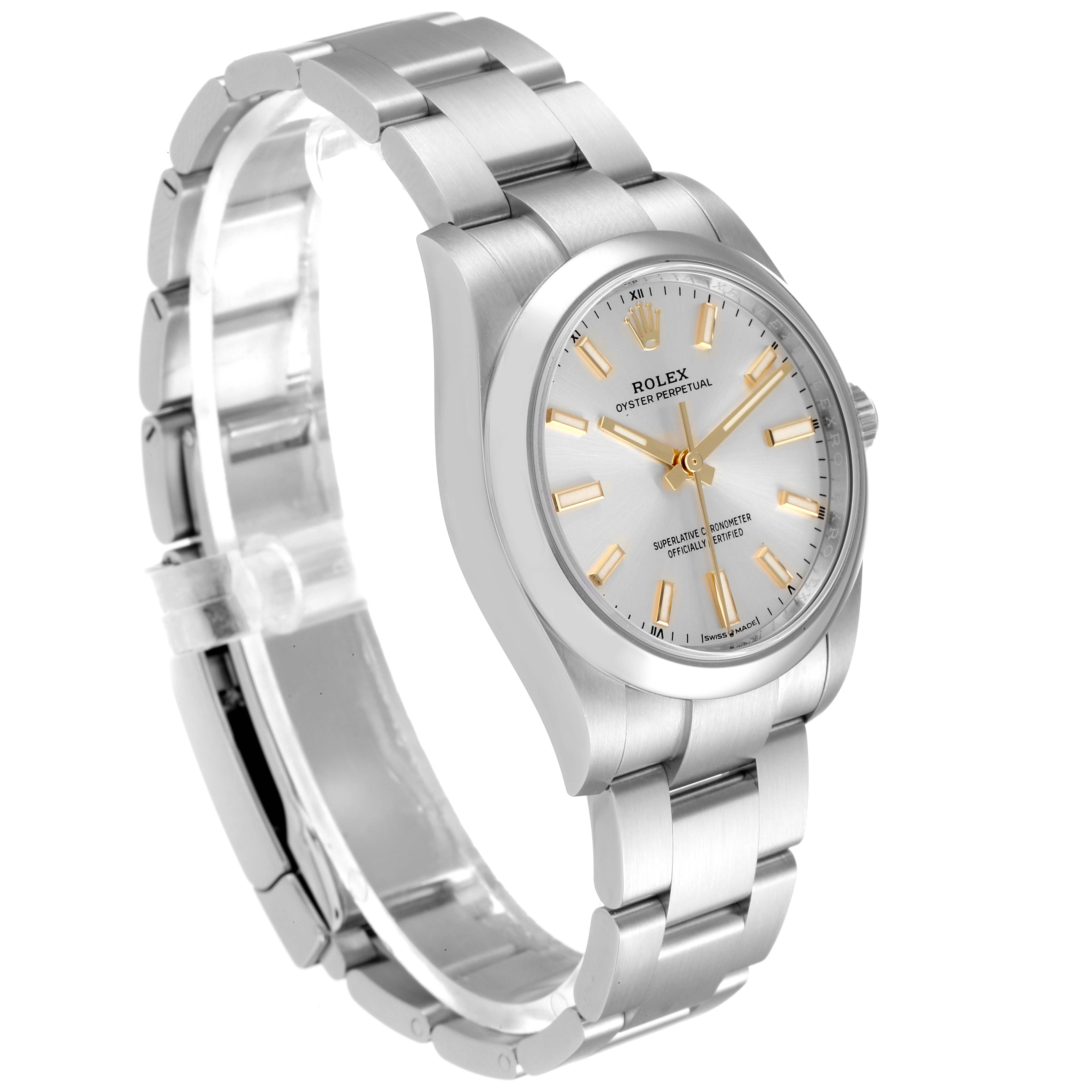 This image shows a side angle of the Rolex Oyster Perpetual 124200 Men's Stainless Steel Silver Dial 124200 Men's Stainless Steel Silver Dial watch displaying its silver band and face with gold accents.