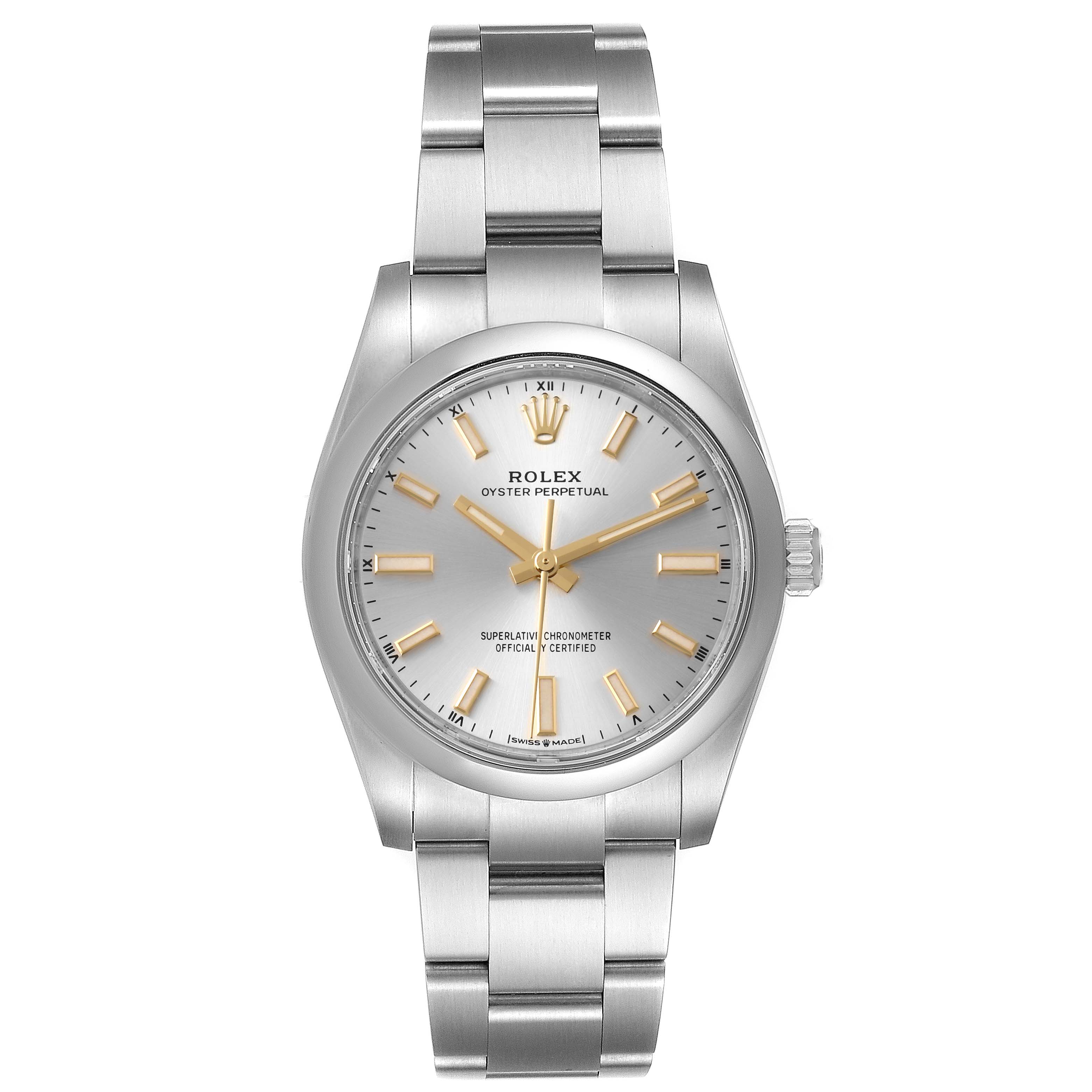 The image shows a front view of a Rolex Oyster Perpetual 124200 Men's Stainless Steel Silver Dial 124200 Men's Stainless Steel Silver Dial watch, highlighting the dial, bezel, and bracelet.