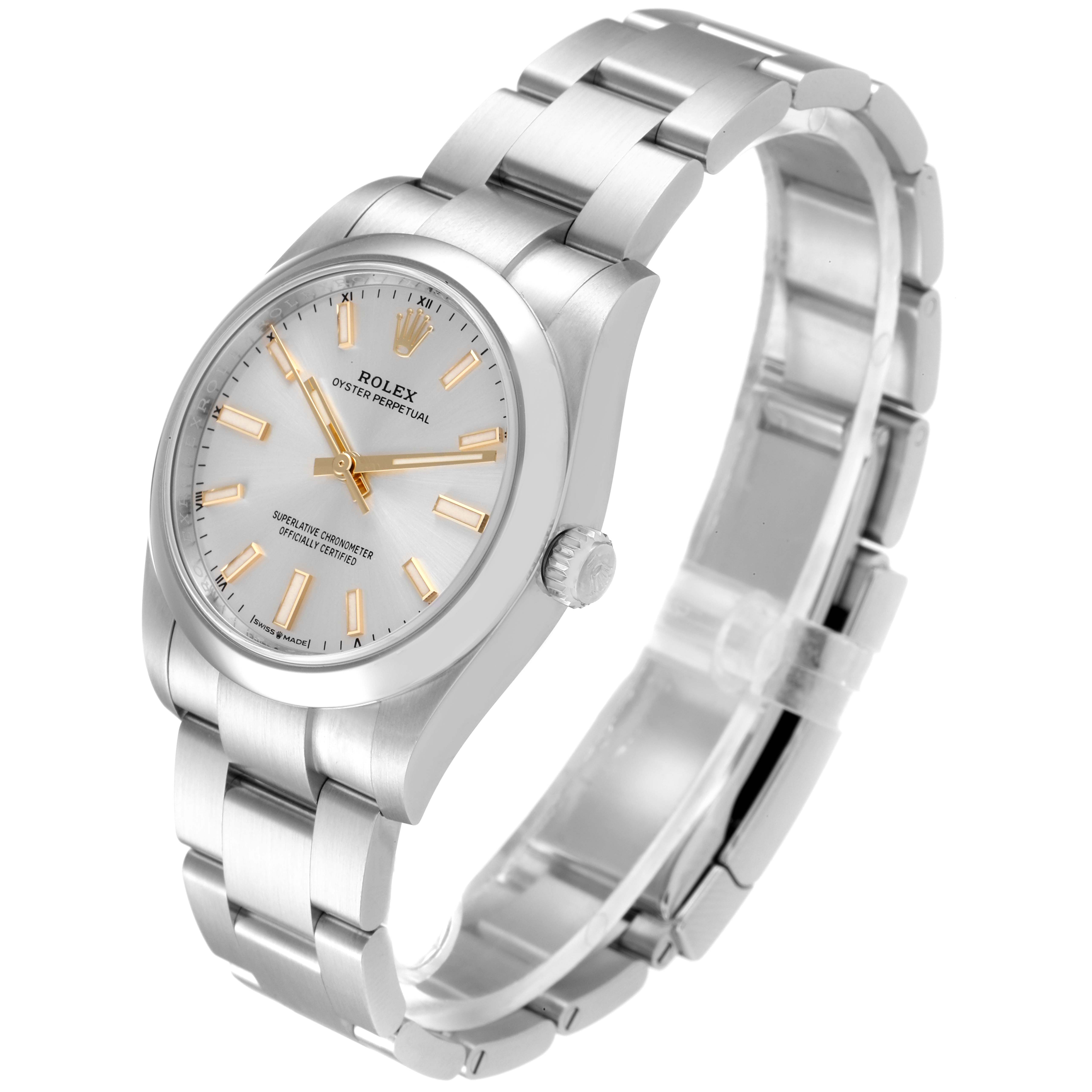 The image shows a Rolex Oyster Perpetual 124200 Men's Stainless Steel Silver Dial 124200 Men's Stainless Steel Silver Dial watch from a 3/4 angle, highlighting the face, bezel, crown, and bracelet.