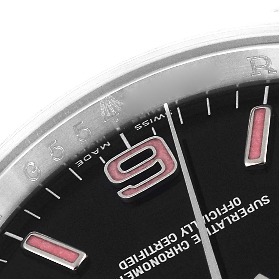 The image shows a close-up view of the dial, numeral '9', and surrounding markers of the Rolex Oyster Perpetual 116000 Men's Stainless Steel Black Dial 116000 Men's Stainless Steel Black Dial watch.