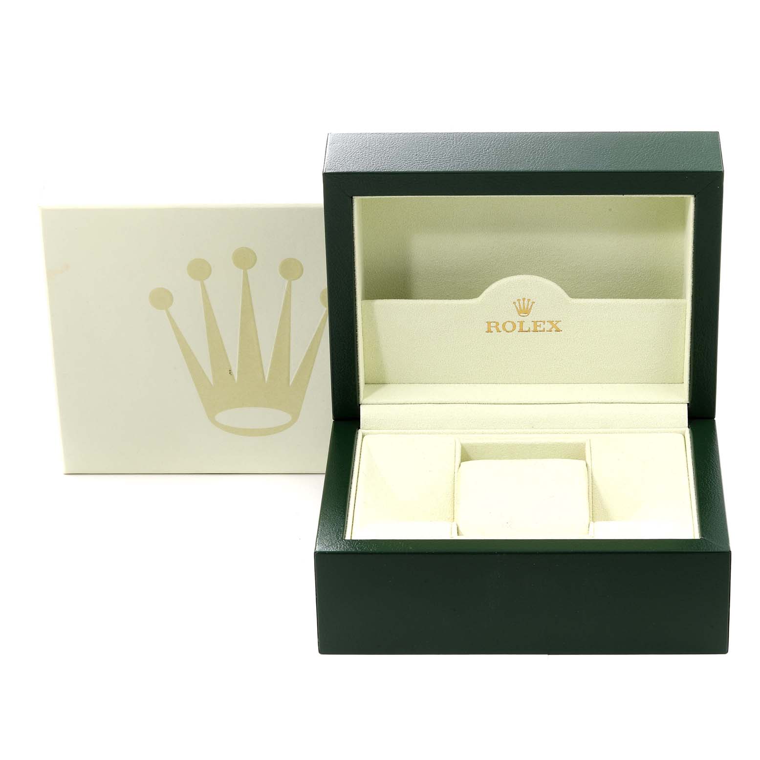 The image shows an empty box and outer container for the Rolex Oyster Perpetual 116000 Men's Stainless Steel Black Dial 116000 Men's Stainless Steel Black Dial watch, viewed from the front.