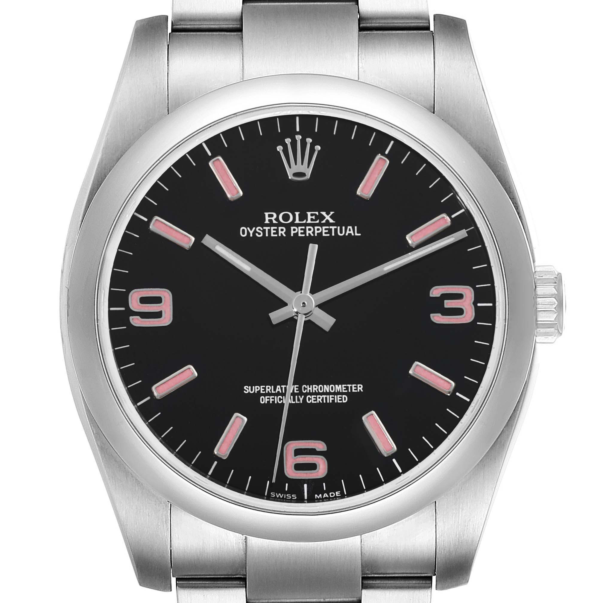 This is a front view of a Rolex Oyster Perpetual 116000 Men's Stainless Steel Black Dial 116000 Men's Stainless Steel Black Dial watch, displaying the dial, indices, hands, and part of the bracelet.