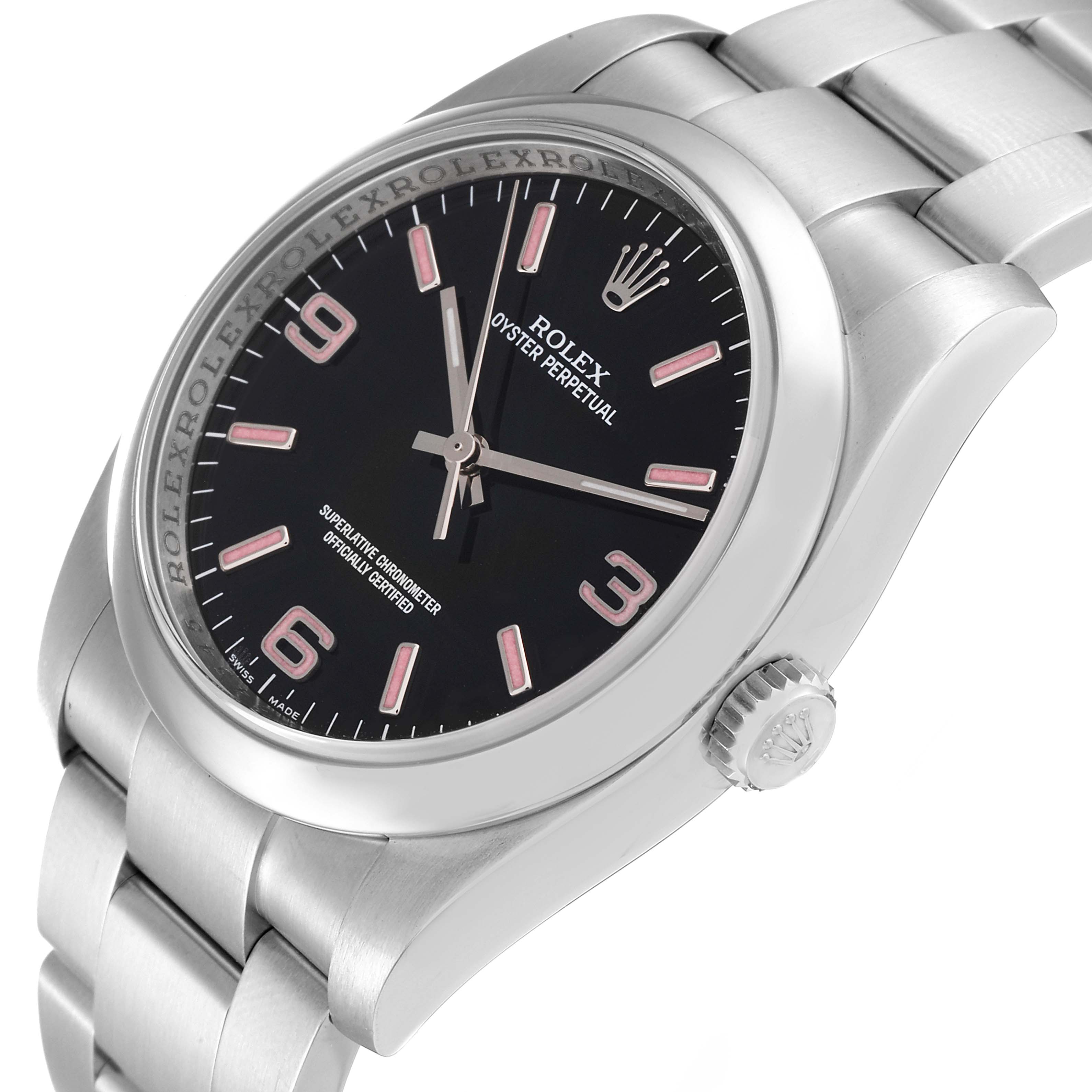 The image shows a Rolex Oyster Perpetual 116000 Men's Stainless Steel Black Dial 116000 Men's Stainless Steel Black Dial watch at a slight angle, highlighting the face, bezel, and part of the bracelet.