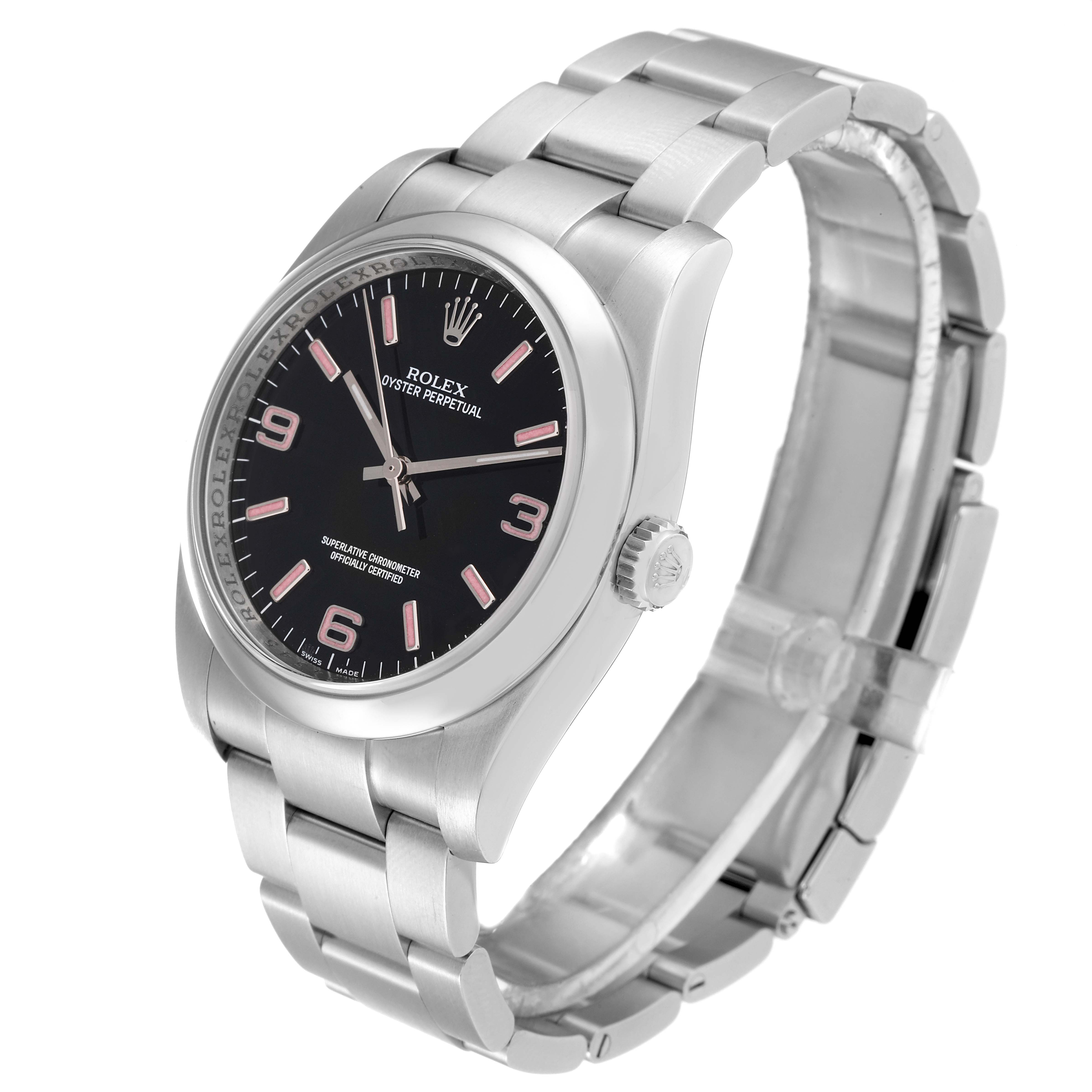 The image shows a Rolex Oyster Perpetual 116000 Men's Stainless Steel Black Dial 116000 Men's Stainless Steel Black Dial watch at a three-quarter angle, highlighting its face, crown, and bracelet.