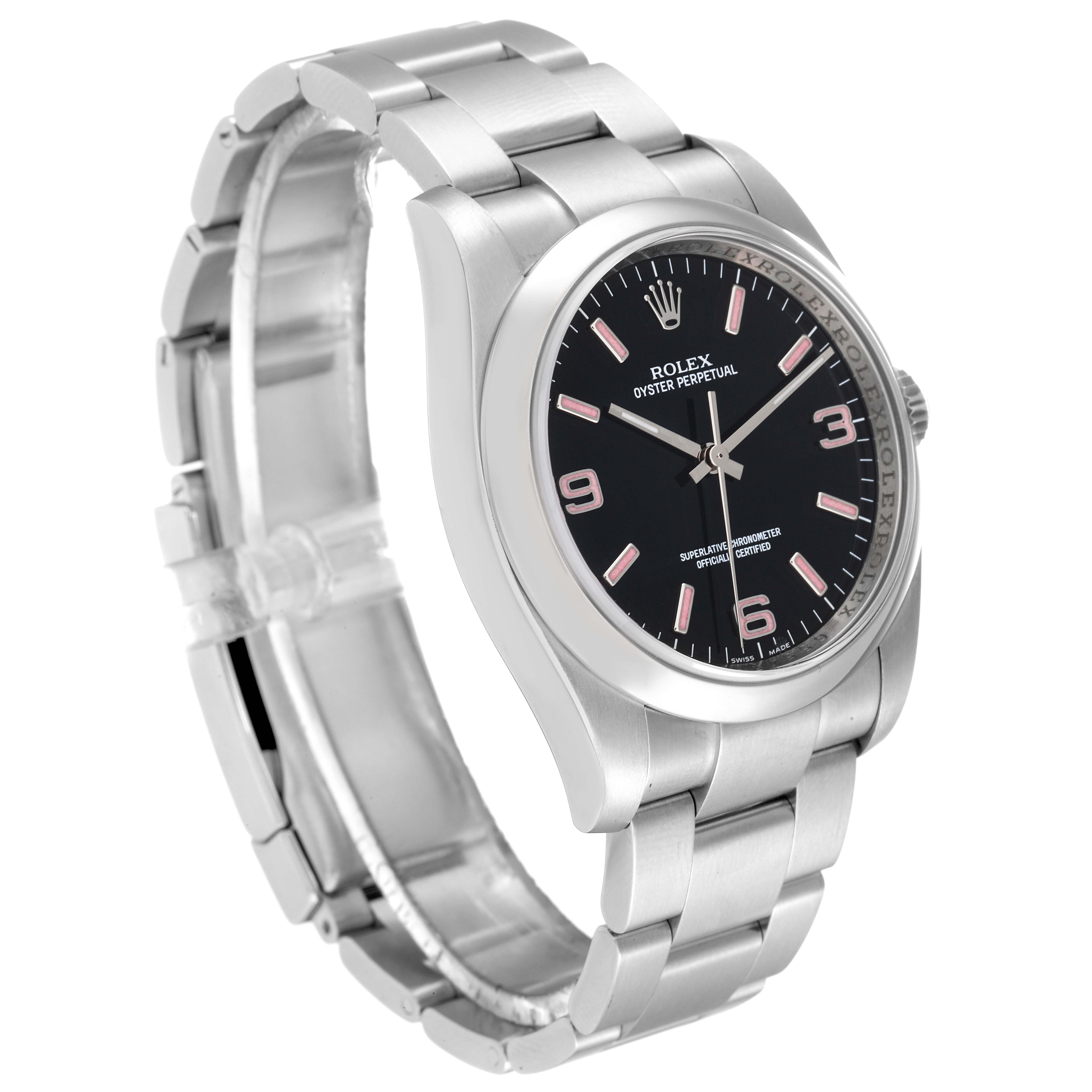 This image shows a Rolex Oyster Perpetual 116000 Men's Stainless Steel Black Dial 116000 Men's Stainless Steel Black Dial watch at a 3/4 angle, highlighting its dial, bezel, and bracelet.