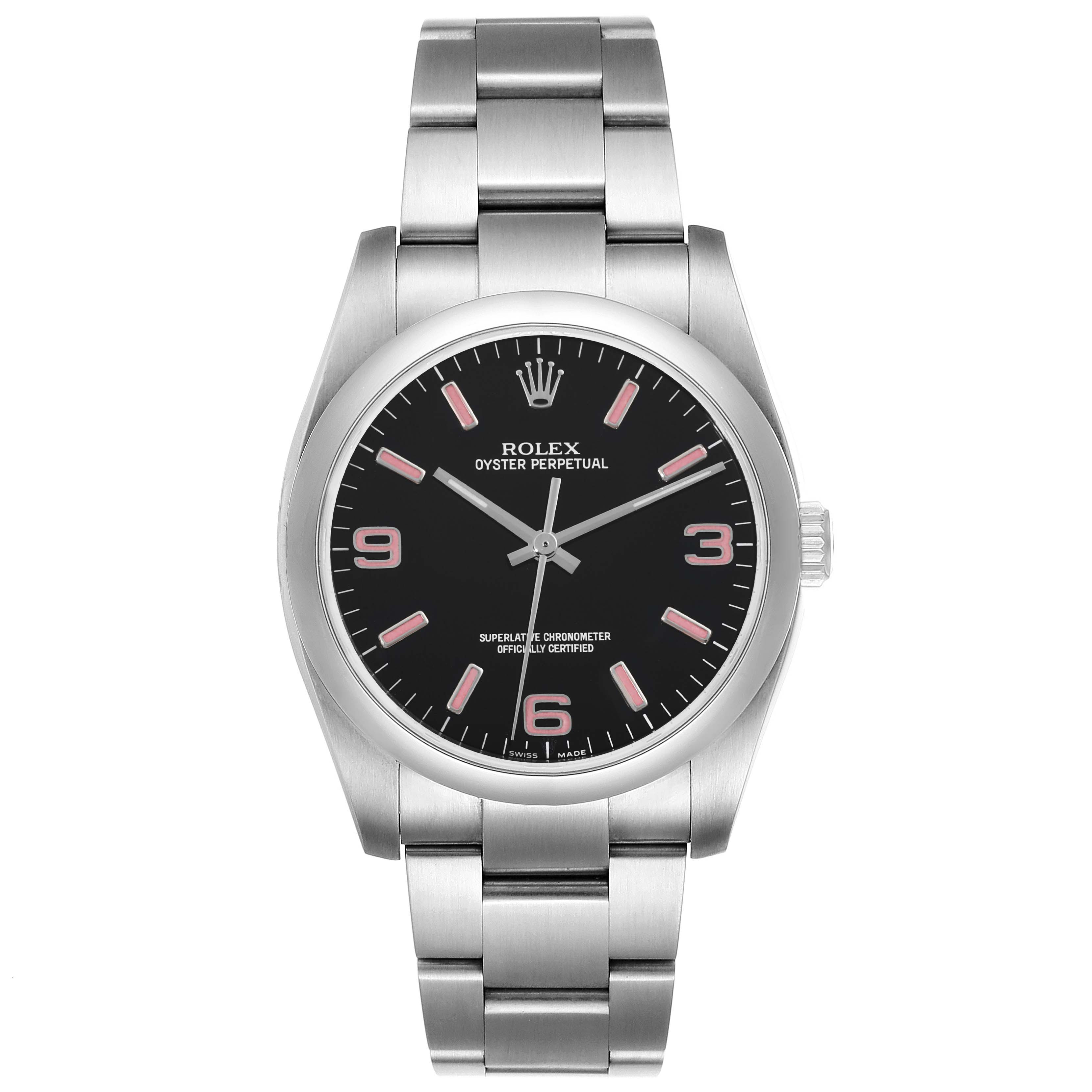 This image shows a front view of a Rolex Oyster Perpetual 116000 Men's Stainless Steel Black Dial 116000 Men's Stainless Steel Black Dial watch, displaying its black dial, pink hour markers, and stainless steel bracelet.