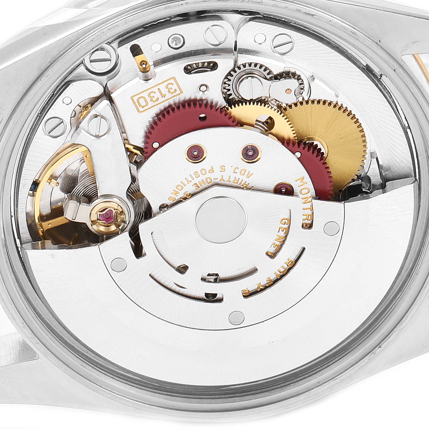 The image shows the internal mechanism of a Rolex Oyster Perpetual 14203 Men's Steel and Gold (two tone) Grey Dial 14203 Men's Steel and Gold (two tone) Grey Dial watch, viewed from the case back.