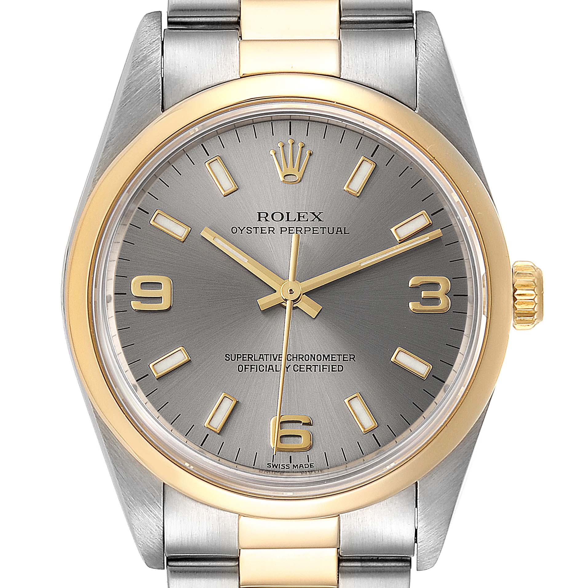 The image shows a front view of a Rolex Oyster Perpetual 14203 Men's Steel and Gold (two tone) Grey Dial 14203 Men's Steel and Gold (two tone) Grey Dial, displaying the dial, crown, and part of the bracelet.
