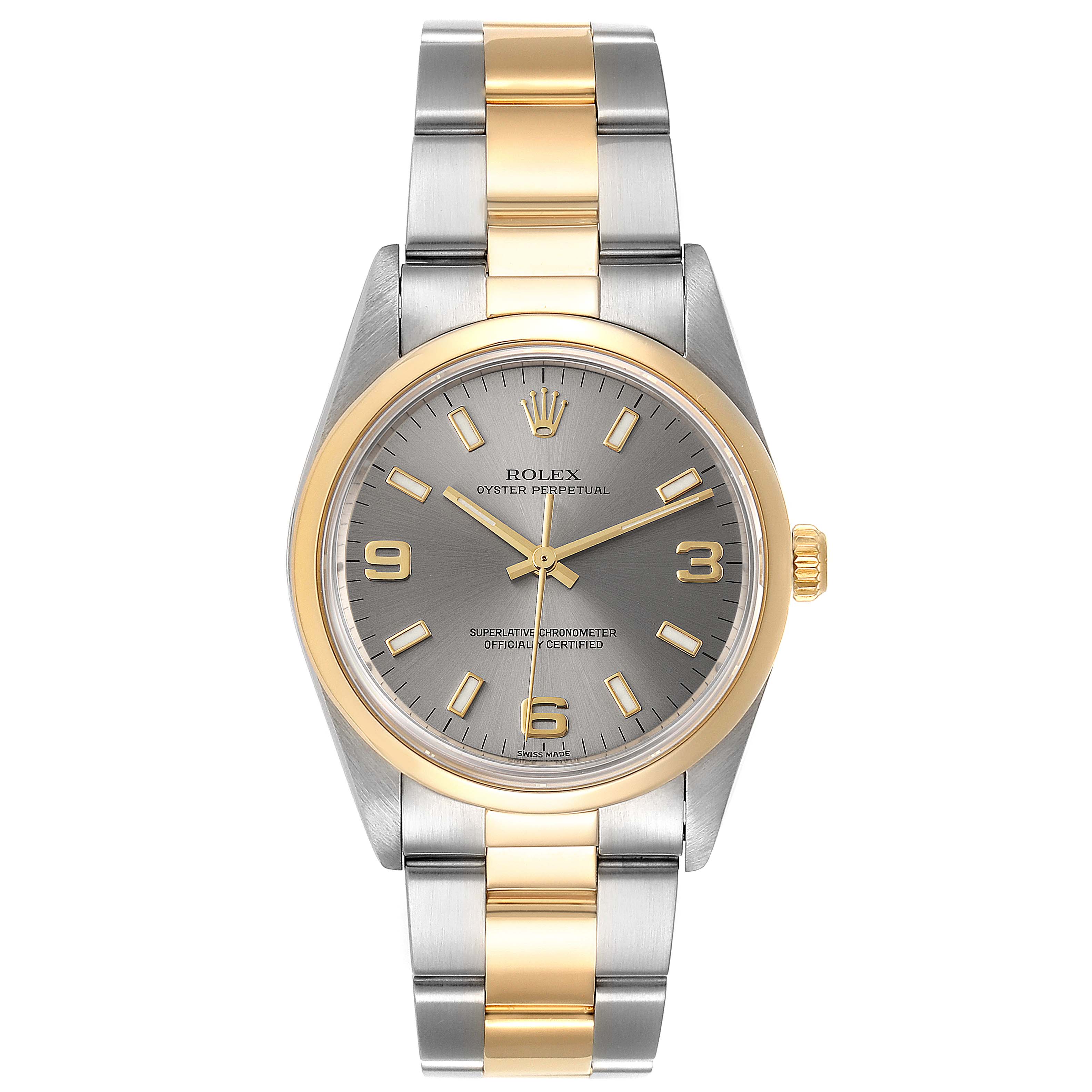 This image shows a frontal view of the Rolex Oyster Perpetual 14203 Men's Steel and Gold (two tone) Grey Dial 14203 Men's Steel and Gold (two tone) Grey Dial watch, featuring a two-tone bracelet and gold bezel.