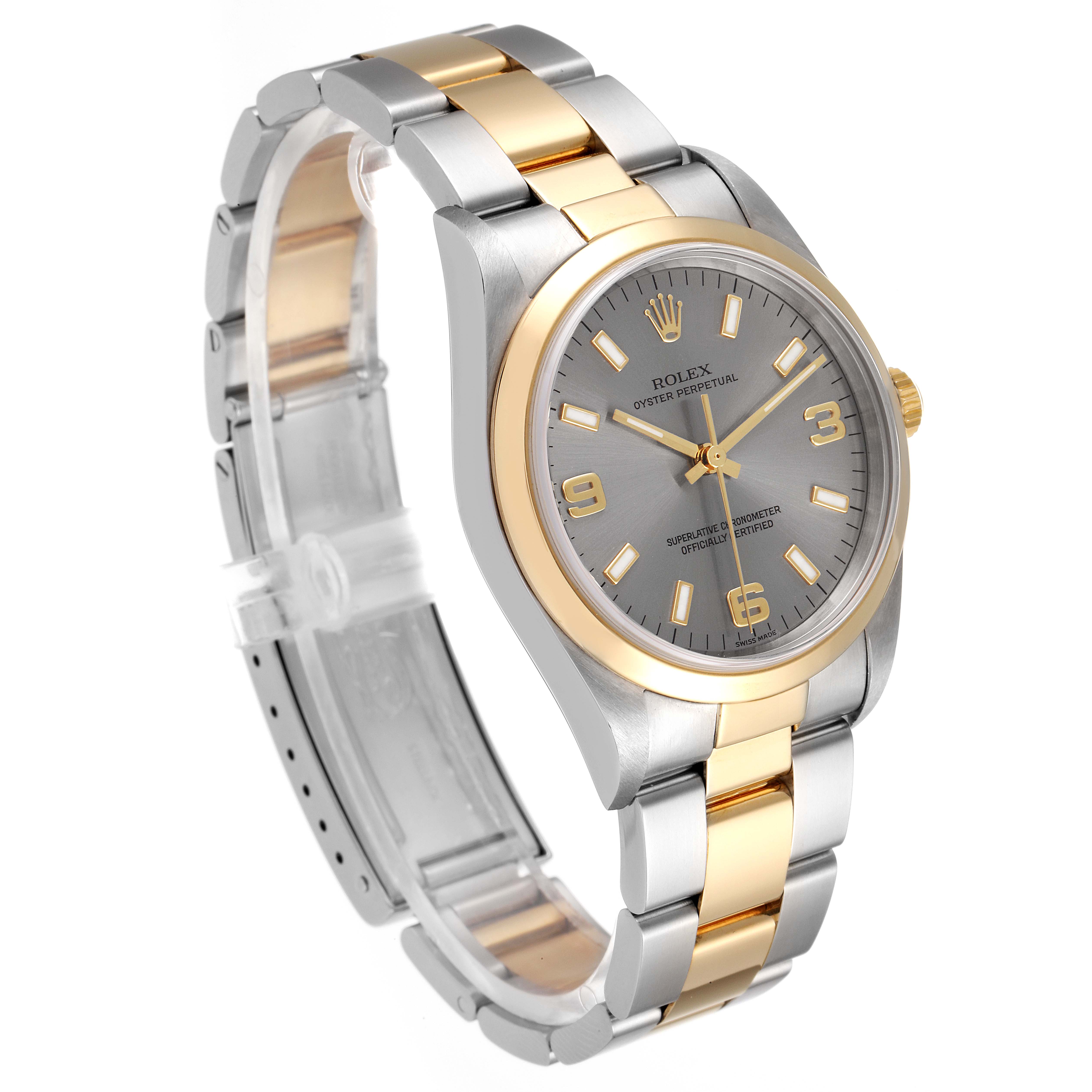 The image shows a Rolex Oyster Perpetual 14203 Men's Steel and Gold (two tone) Grey Dial 14203 Men's Steel and Gold (two tone) Grey Dial watch, angled from the front-left, displaying its dial, bezel, and bracelet.